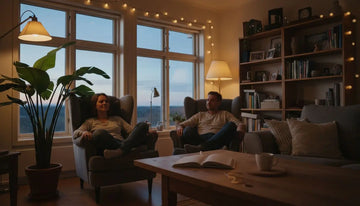 Hyggelig aftenstemning i stuen med smukt lys, der skaber den helt rigtige atmosfære.
