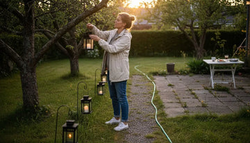 En kvinde er i gang med at hænge lanterner op i haven, mens det er ved at blive mørkt.