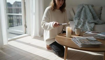 En kvinde sætter batteridrevne stearinlys frem og gør stuen ekstra hyggelig.