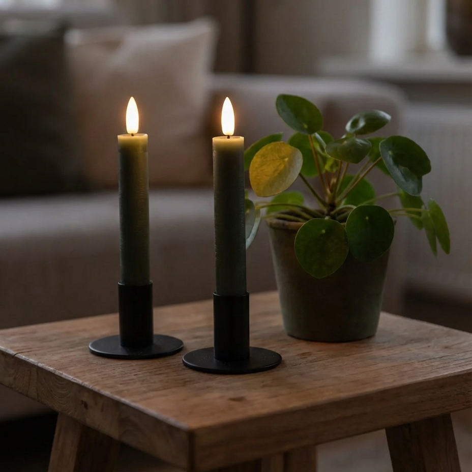 LED stagelys 2 stk på 11 cm i grøn med naturtro flamme og timerfunktion – perfekt til små lysestager og borddekoration.
