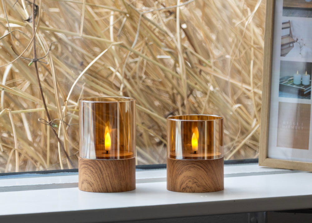 LED Lys i Glas og Træ – 2 stk. (Med Timerfunktion)