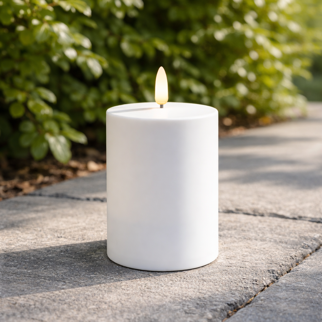 Udendørs solcelle LED bloklys i hvid med naturtro flamme og automatisk opladning – ideelt til terrasse, have eller lanterner.
