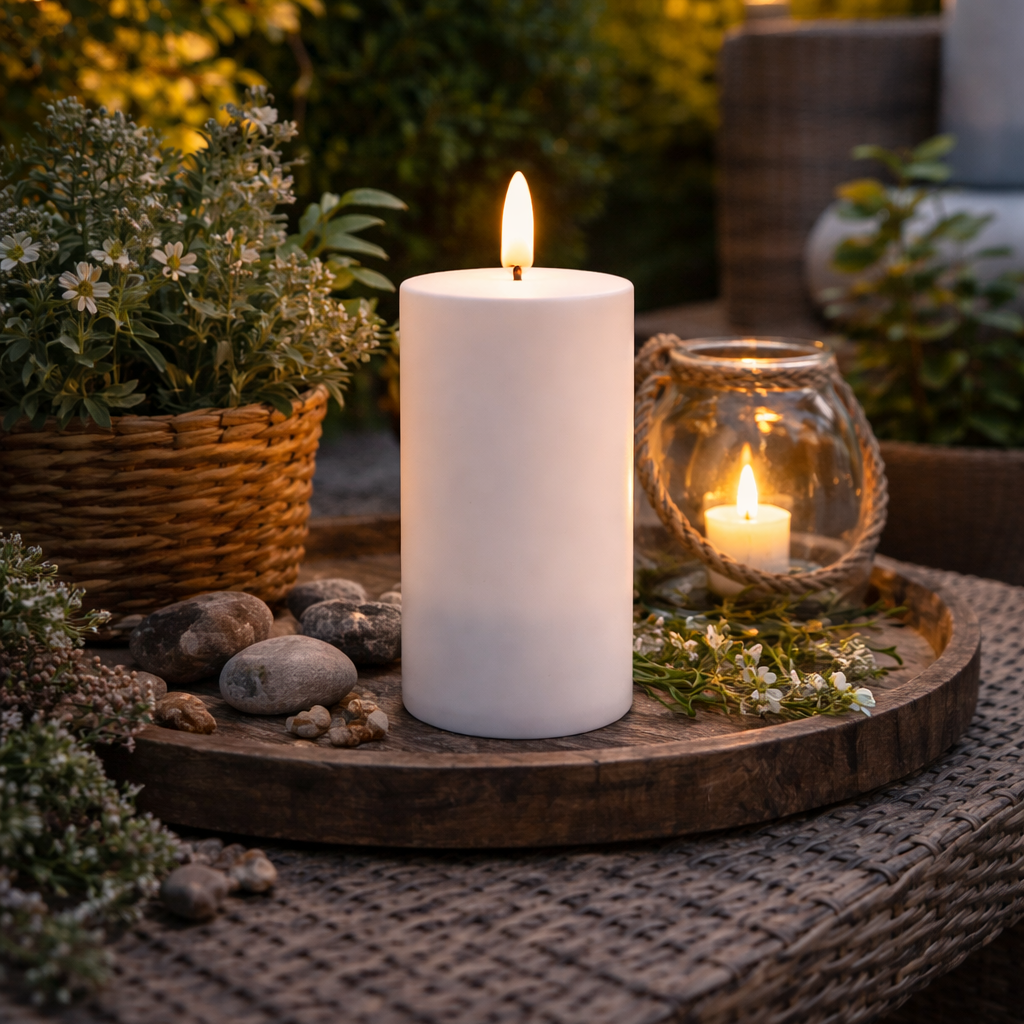 Udendørs solcelle LED bloklys i hvid med naturtro flamme, automatisk opladning og vejrbestandigt design – perfekt til lanterner, altan og have.