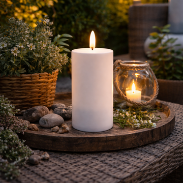 Udendørs solcelle LED bloklys i hvid med naturtro flamme, automatisk opladning og vejrbestandigt design – perfekt til lanterner, altan og have.