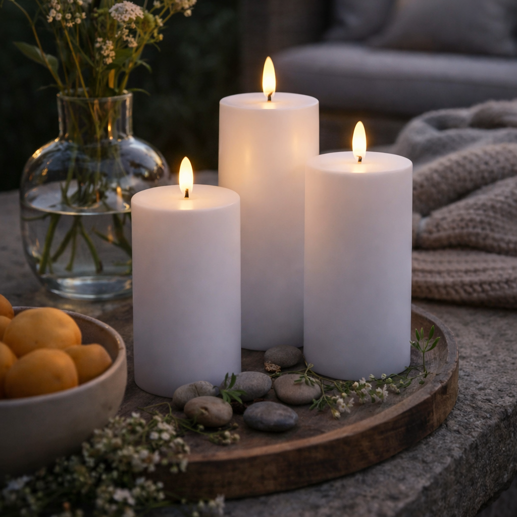 Udendørs LED bloklys Ø7 cm i hvid med naturtro flammer, fjernbetjening og timerfunktion – perfekt til terrasse, altan og have.