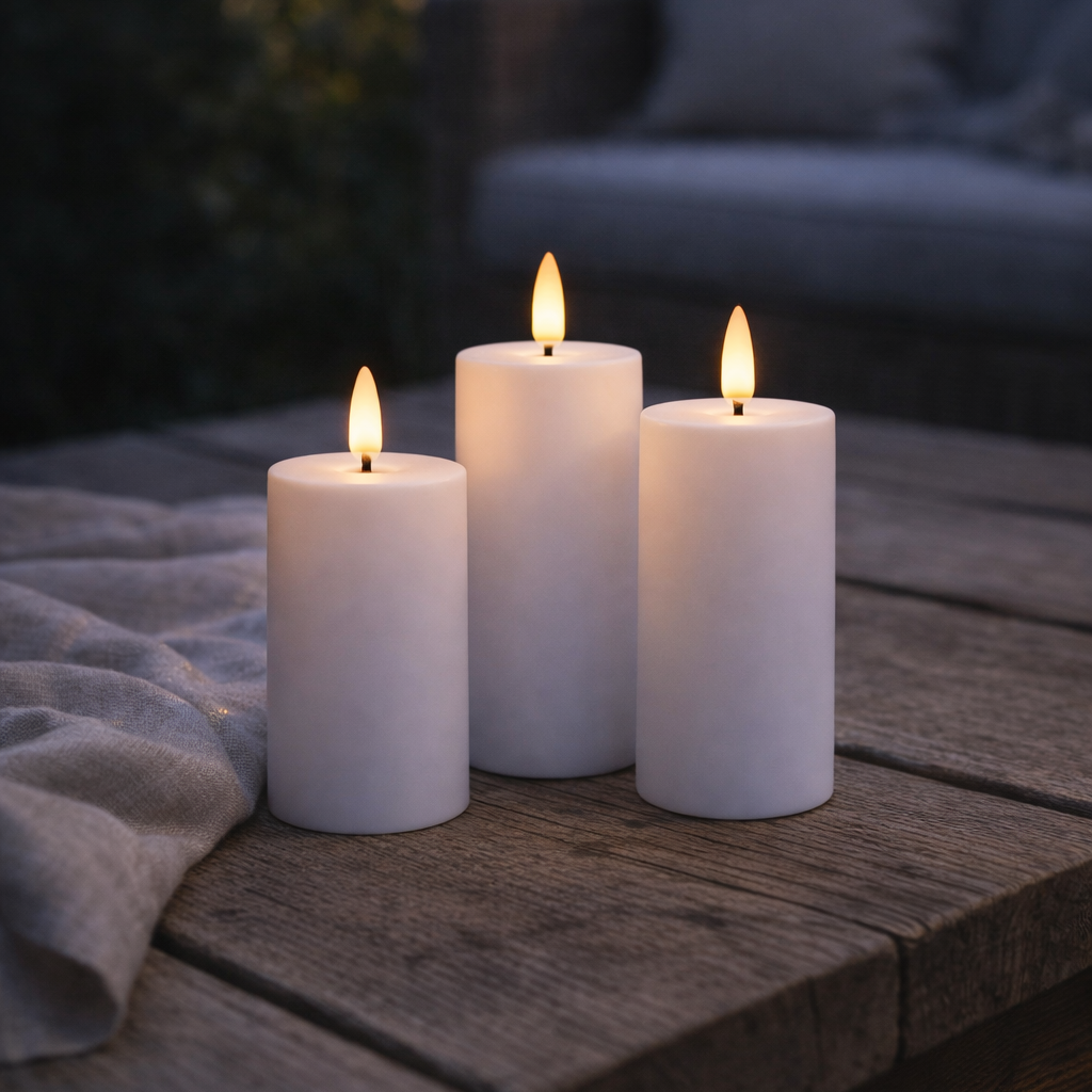 Udendørs LED bloklys Ø5,2 cm i hvid med naturtro flamme, fjernbetjening og timerfunktion – perfekt til terrasse, altan og have.
