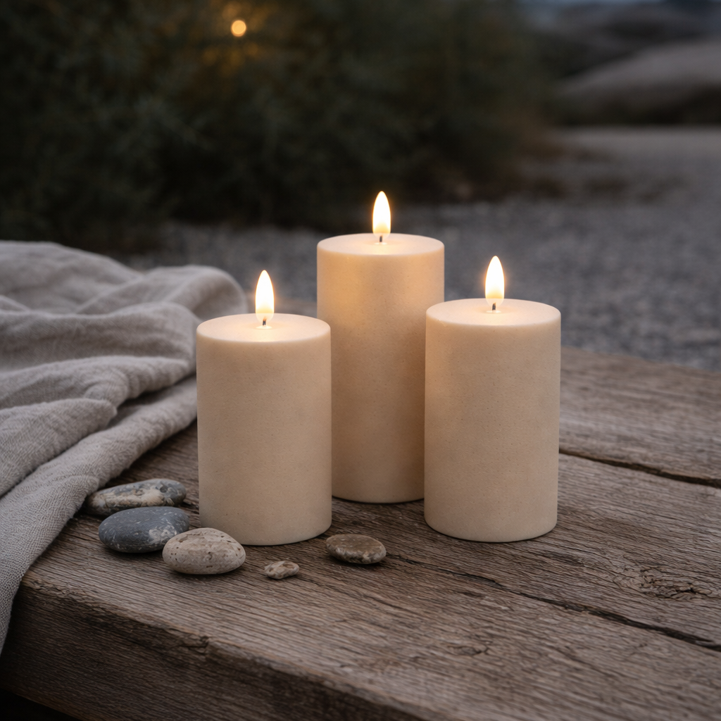 Udendørs LED bloklys Ø5,2 cm i hvid med naturtro flamme, fjernbetjening og timerfunktion – perfekt til terrasse, altan og have.