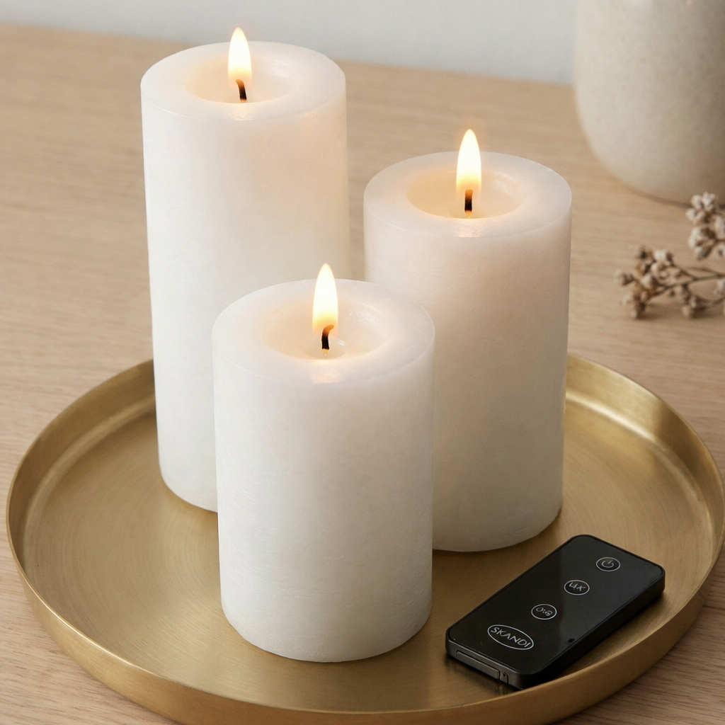 LED bloklys sæt 3 stk i hvid med realistisk flamme og timerfunktion – perfekt til borddekoration.