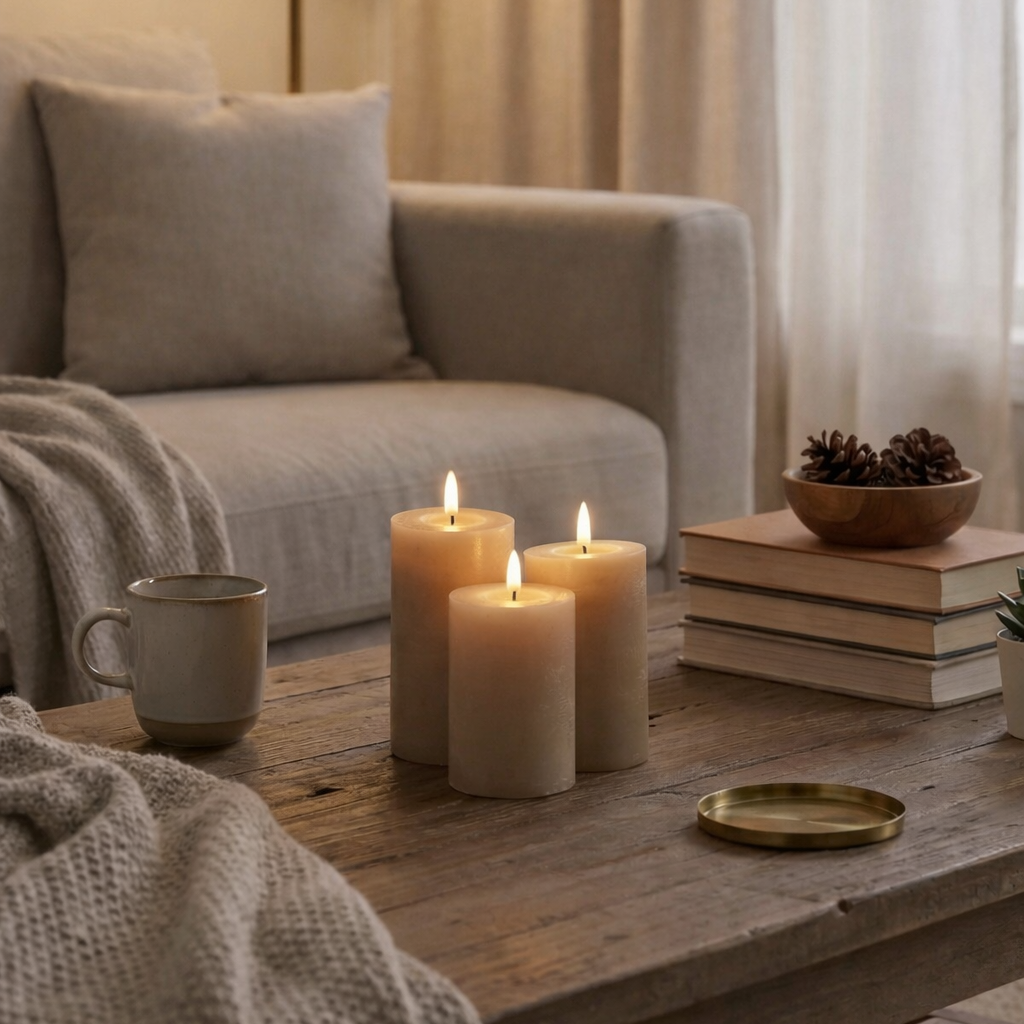 LED bloklys sæt 3 stk i sand med realistisk flamme og timerfunktion – perfekt til borddekoration.