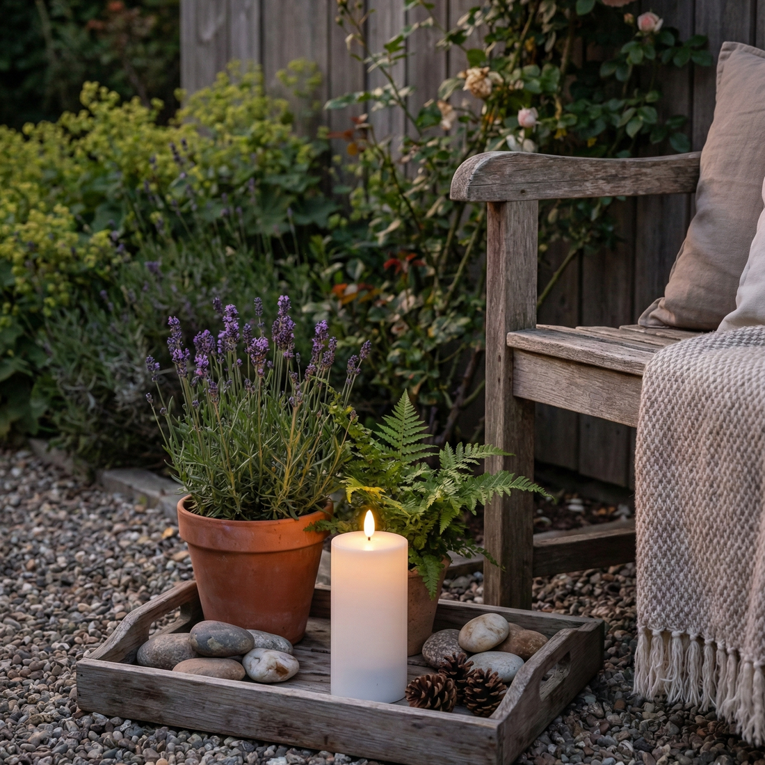 Udendørs solcelle LED bloklys i hvid, naturtro flamme og automatisk opladning – vejrbestandigt lys til have, terrasse eller altan.