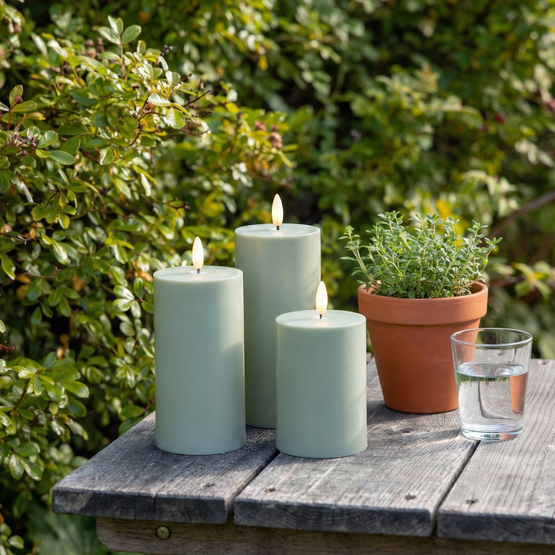 Udendørs LED bloklys Ø7 cm i hvid med naturtro flammer, fjernbetjening og timerfunktion – perfekt til terrasse, altan og have.