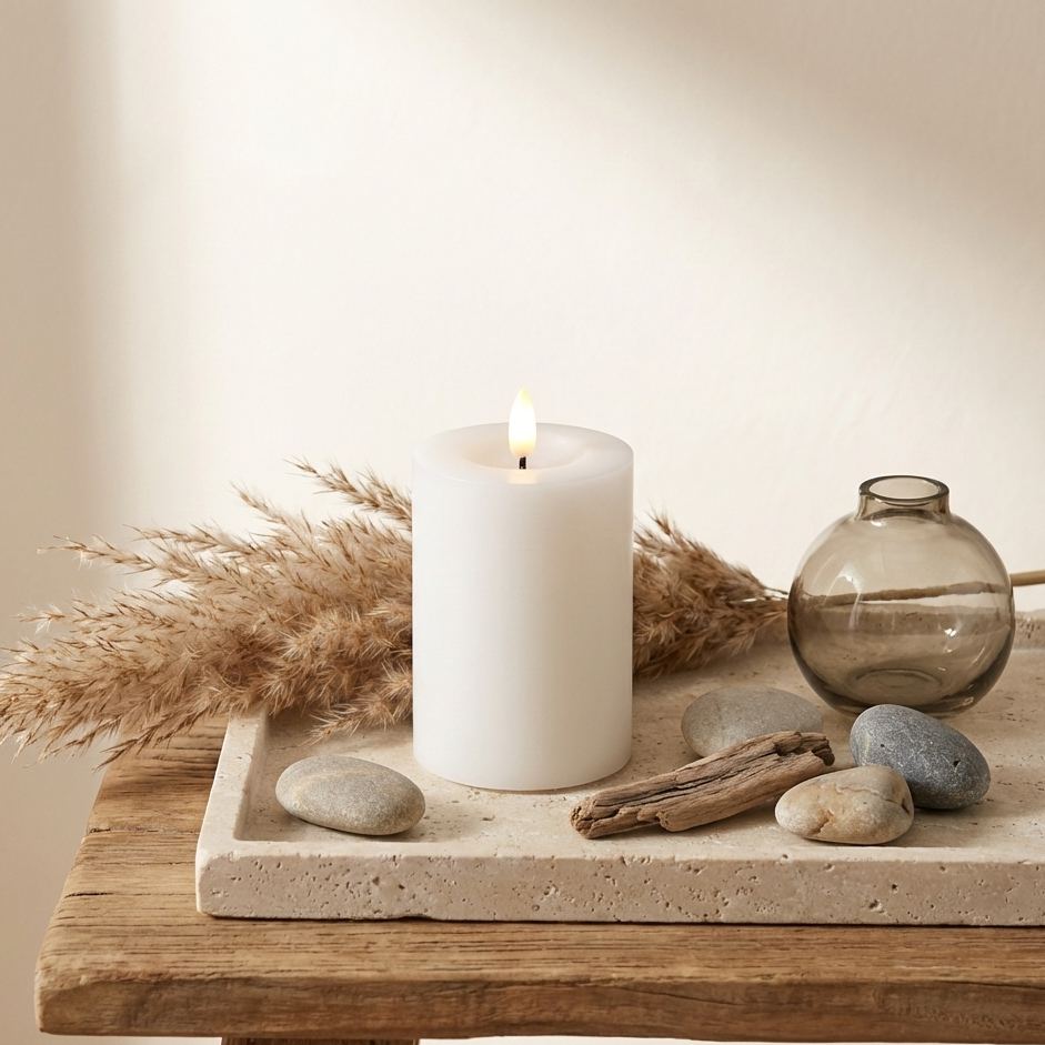 LED indendørs bloklys i hvid voks med realistisk flamme, Ø7,5 cm og højde 10 cm, sikker belysning uden brandfare