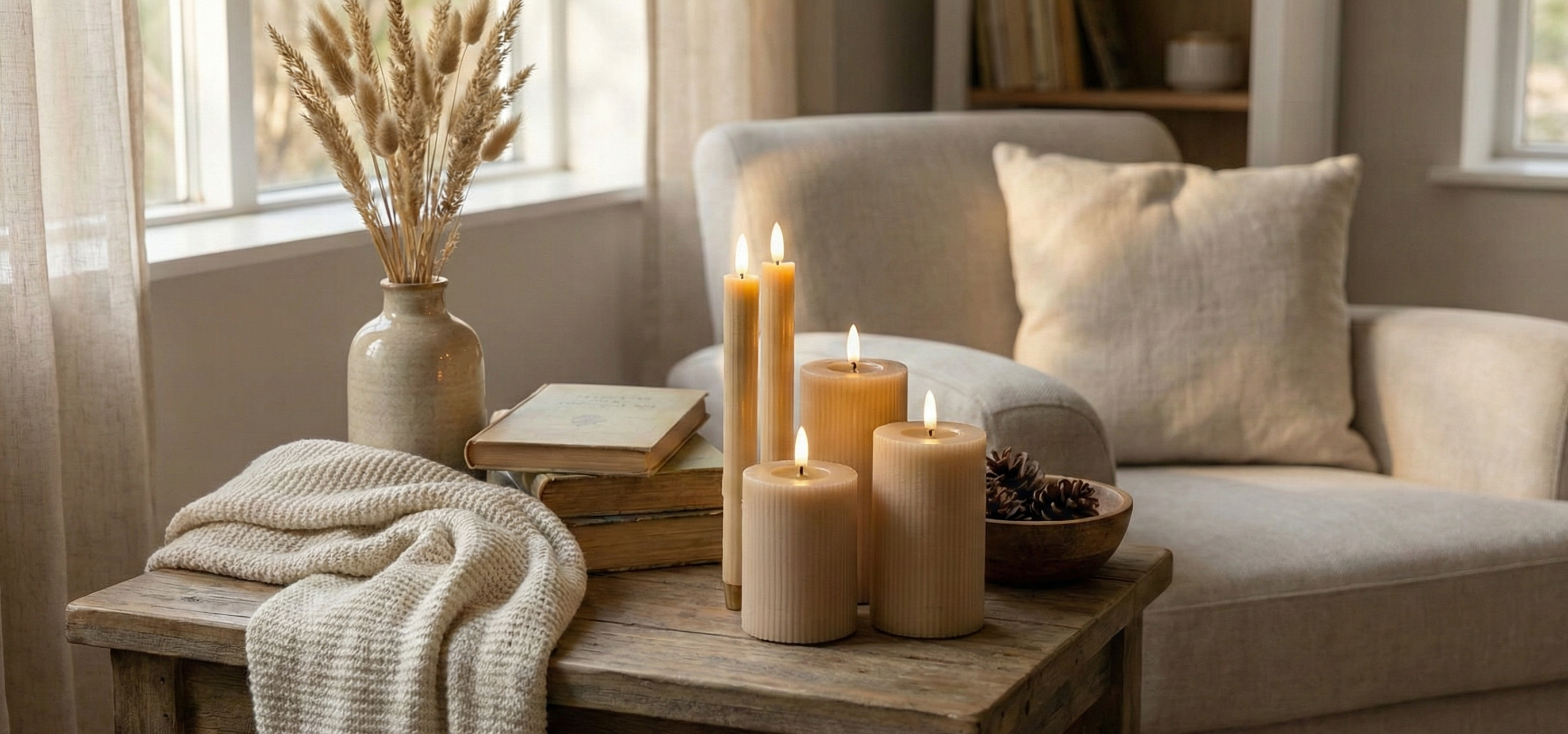 LED lys sæt 6 dele i sand/beige – 2 stagelys, 3 bloklys og fjernbetjening med realistisk flamme og timerfunktion.1621243260e1af0c20-1