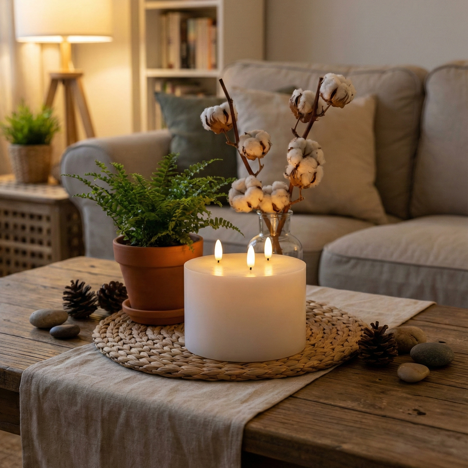 LED bloklys med 3 væger i hvid, naturtro flammer og timerfunktion – perfekt som centerpiece, på fad eller i lanterne.