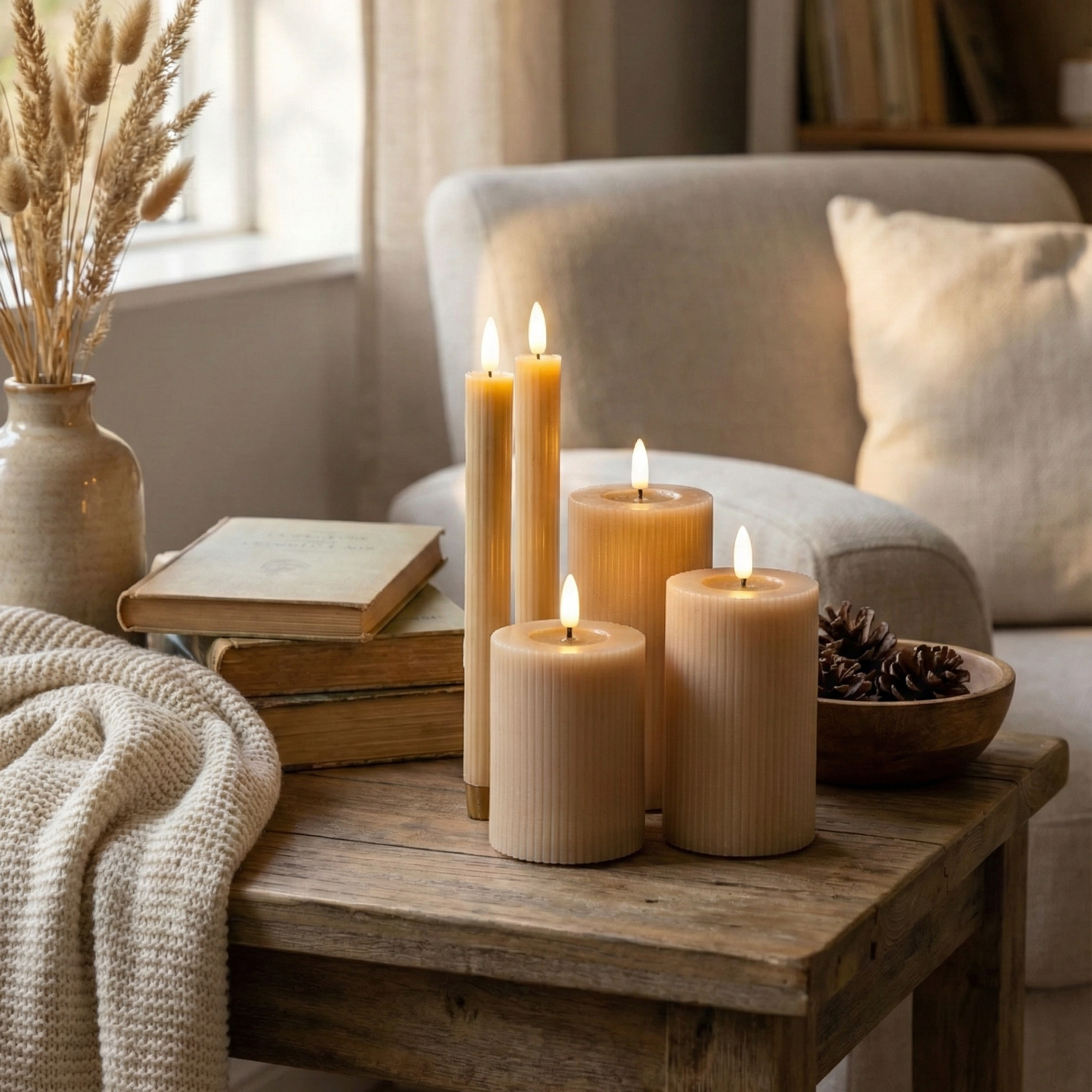 LED lys sæt 6 dele i sand/beige – 2 stagelys, 3 bloklys og fjernbetjening med realistisk flamme og timerfunktion.