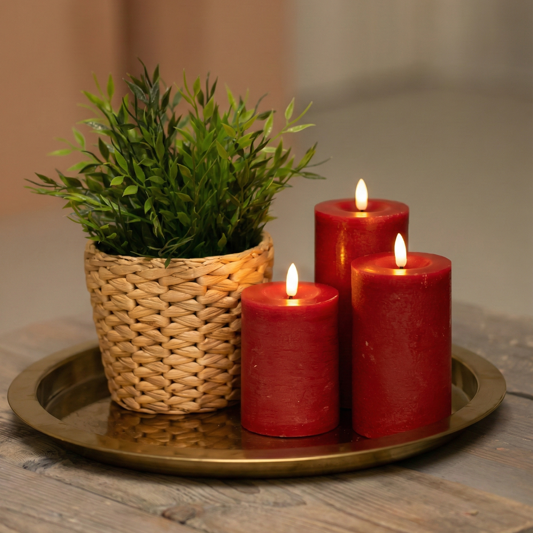 LED bloklys sæt 3 stk i rød med realistisk flamme og timerfunktion – perfekt til borddekoration.