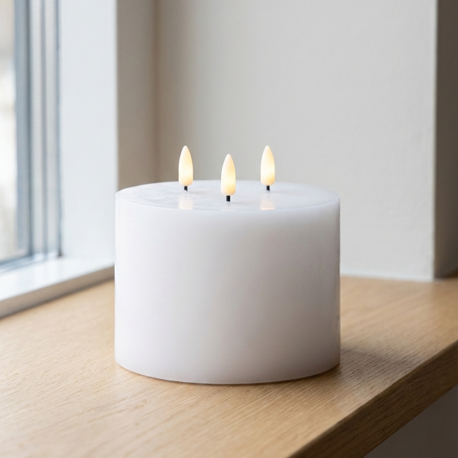 LED bloklys med 3 væger i hvid, naturtro flammer og timerfunktion – perfekt som centerpiece, på fad eller i lanterne.