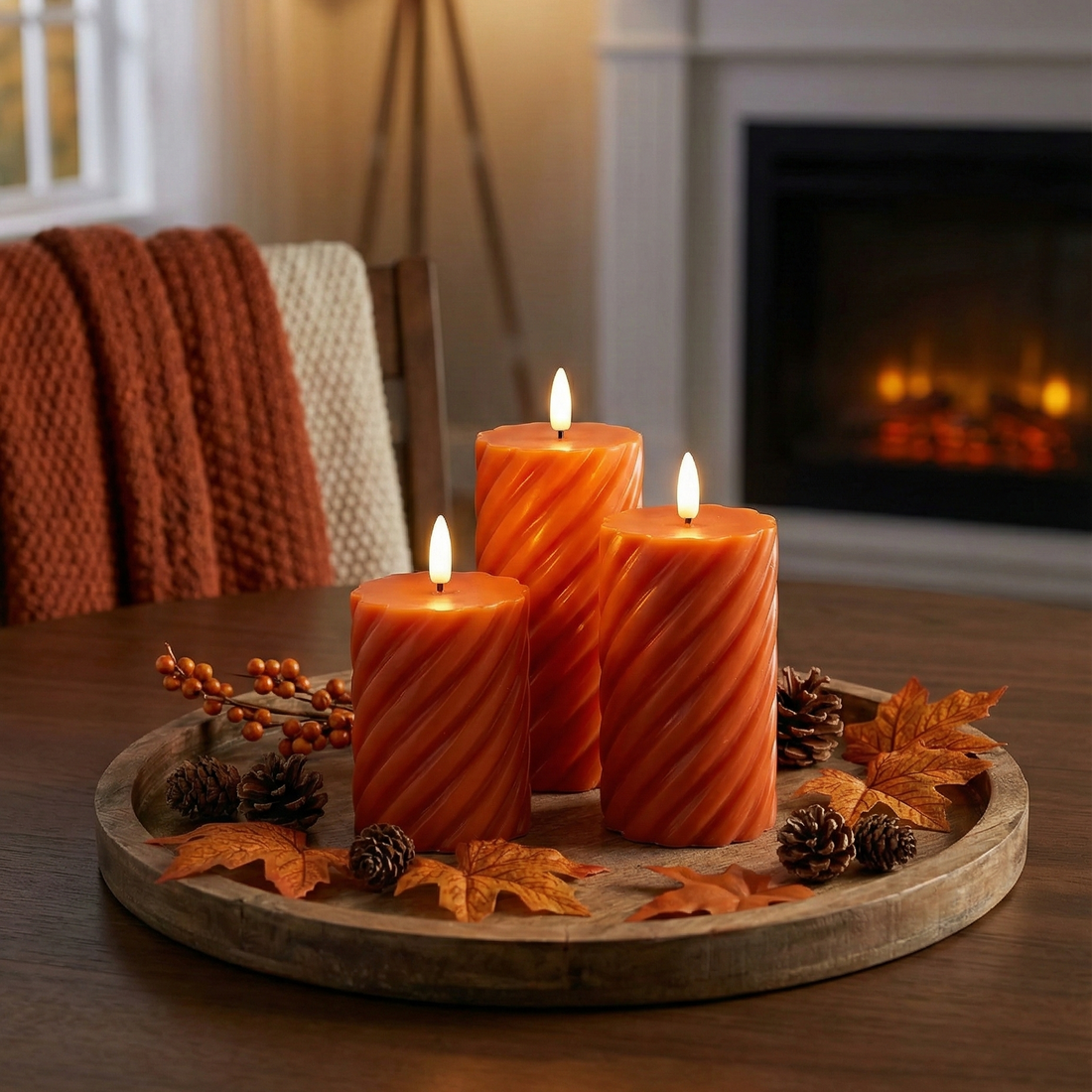 LED bloklys sæt i swirl-design med naturtro flammer i orange – perfekt til Halloween og efterårsdekorationer, inkl. timerfunktion.