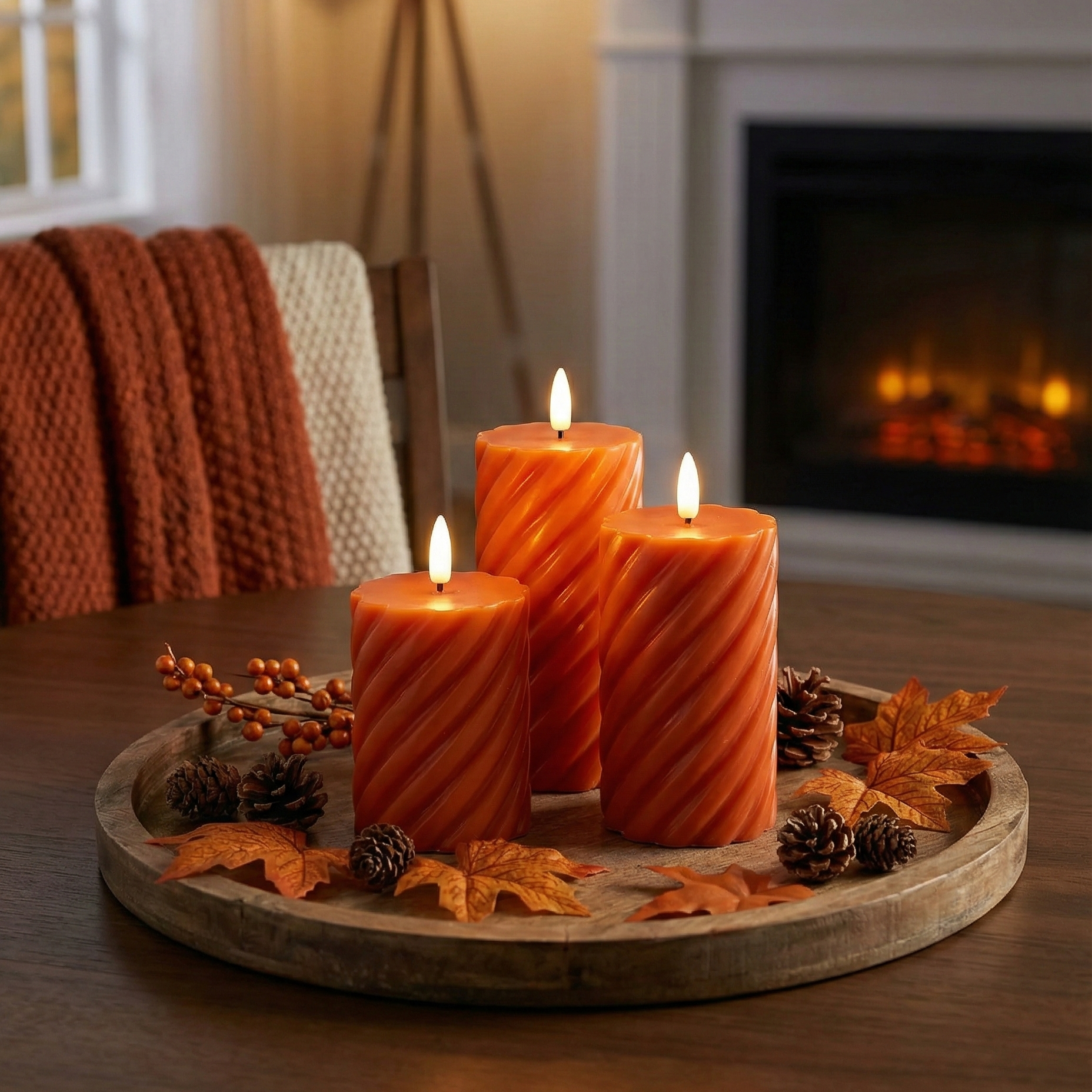 LED bloklys sæt i swirl-design med naturtro flammer i orange – perfekt til Halloween og efterårsdekorationer, inkl. timerfunktion.