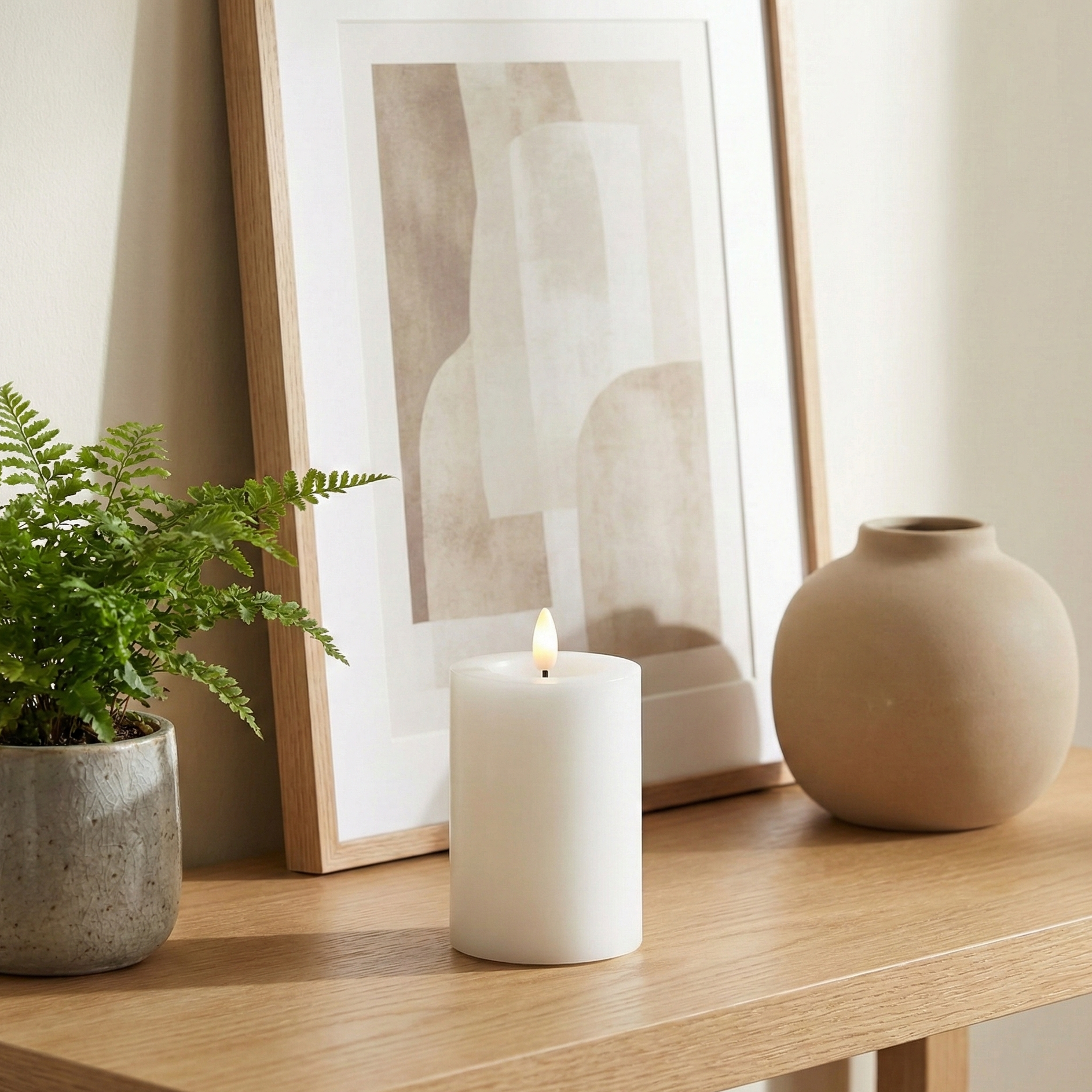 LED indendørs bloklys i hvid voks med realistisk flamme, Ø7,5 cm og højde 10 cm, sikker belysning uden brandfare