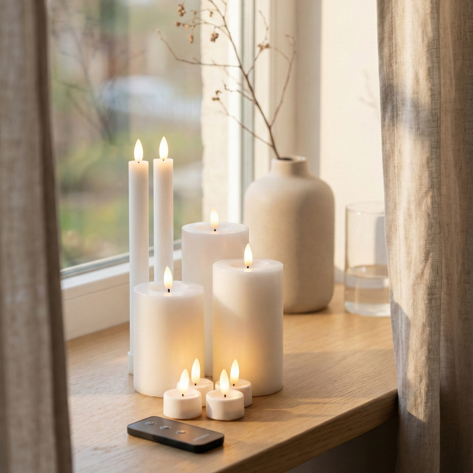 LED lys sæt i hvid farve med 10 dele og naturtro flammeeffekt samt timer og fjernbetjening