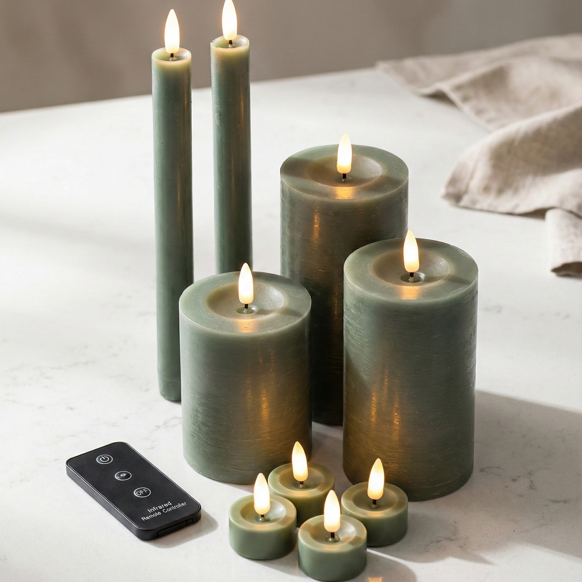 LED lys sæt i sand grøn med 10 dele og naturtro flammeeffekt samt timer og fjernbetjening