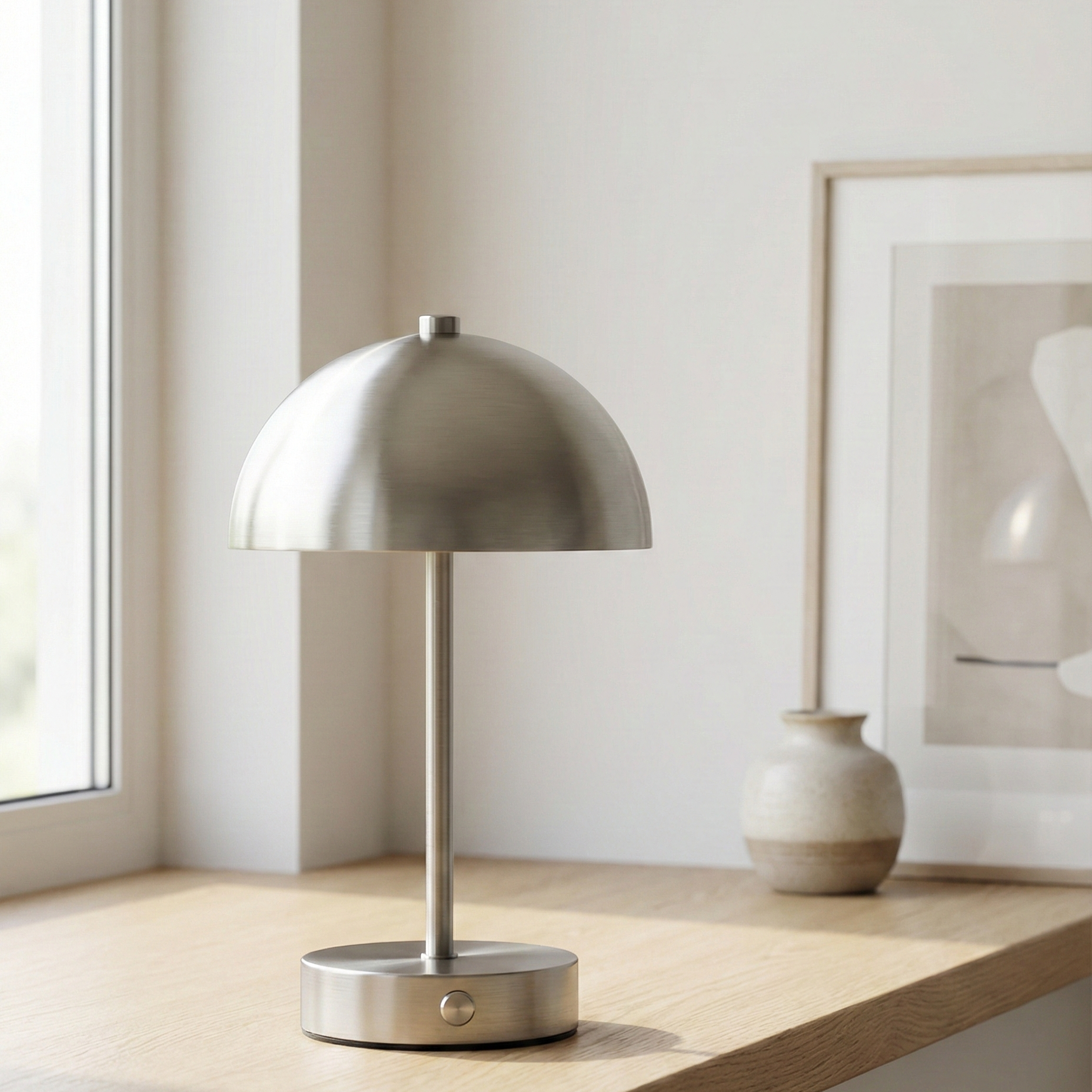 Moderne bordlampe med justerbart lys og farvetemperatur i alle farver – sort, sølv, guld, grå og sand. Trådløs og genopladelig, ideel til stue, soveværelse eller kontor.