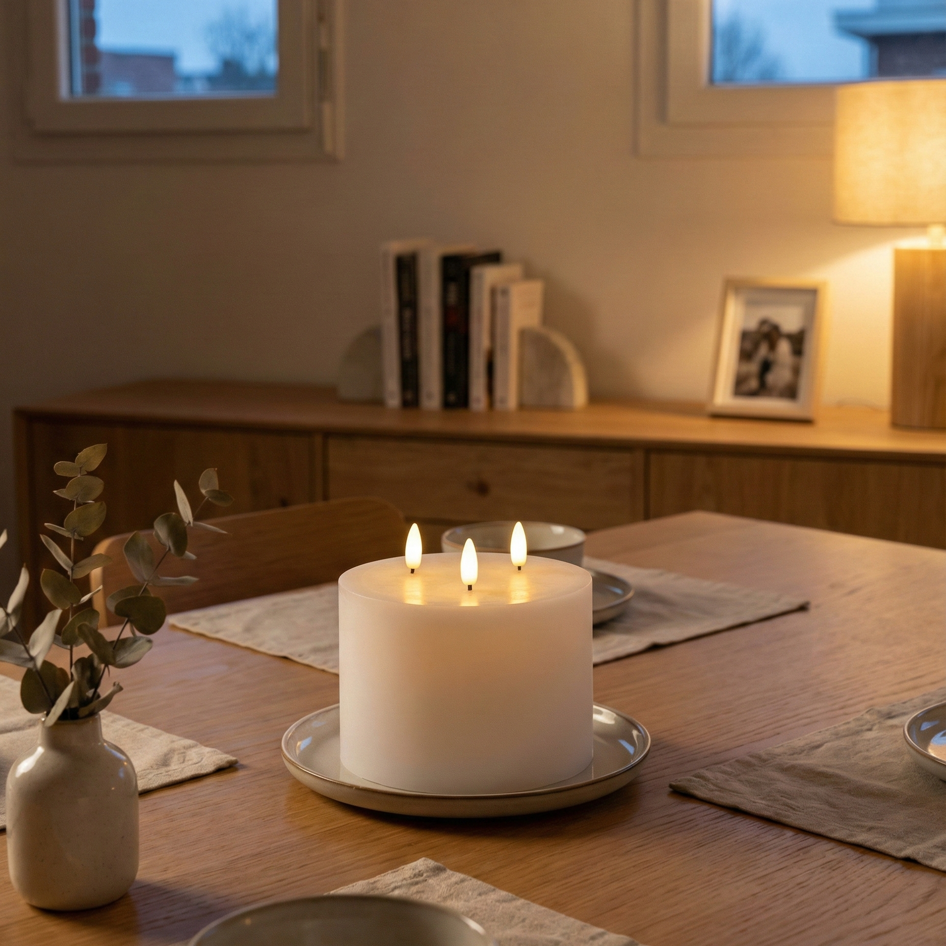 LED bloklys med 3 væger i hvid, naturtro flammer og timerfunktion – perfekt som centerpiece, på fad eller i lanterne.
