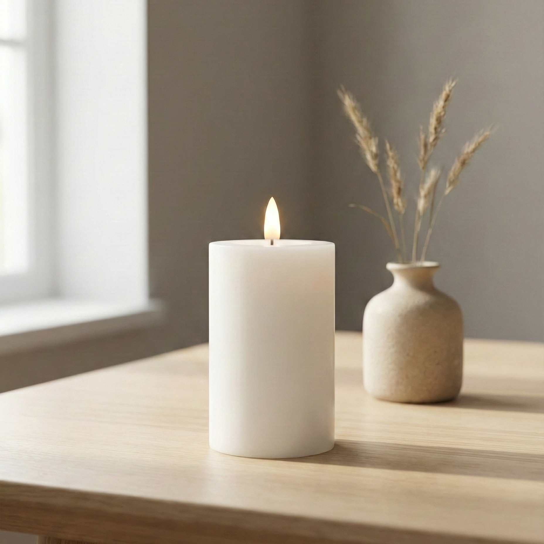 LED indendørs bloklys i hvid voks med realistisk flamme, Ø7,5 cm og højde 12,5 cm