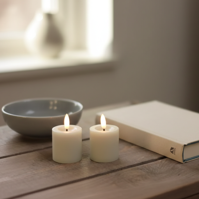 Mini LED bloklys 2 pak i hvid med naturtro flamme og timerfunktion – perfekt til lanterner og borddekoration.