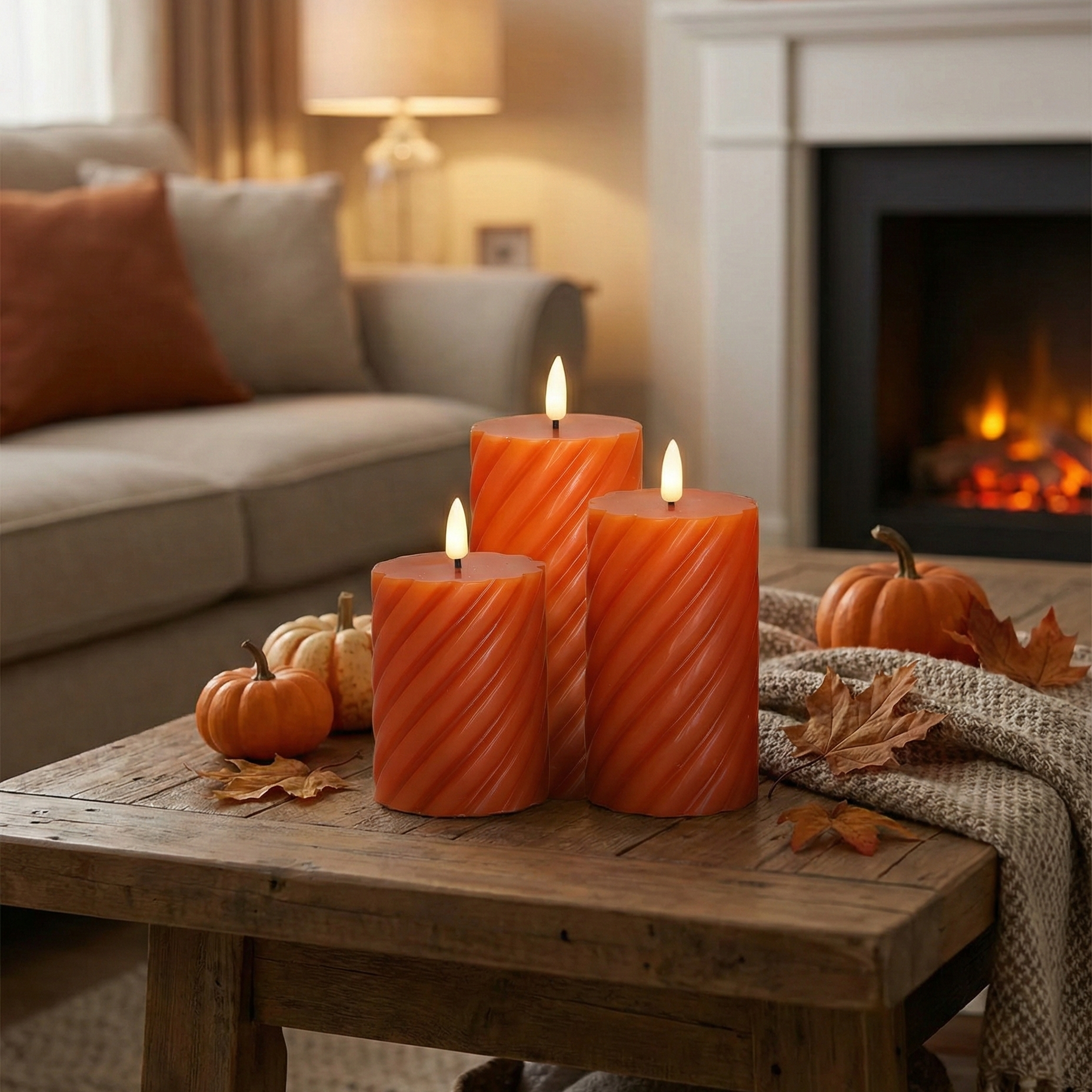 LED bloklys sæt i swirl-design med naturtro flammer i orange – perfekt til Halloween og efterårsdekorationer, inkl. timerfunktion.