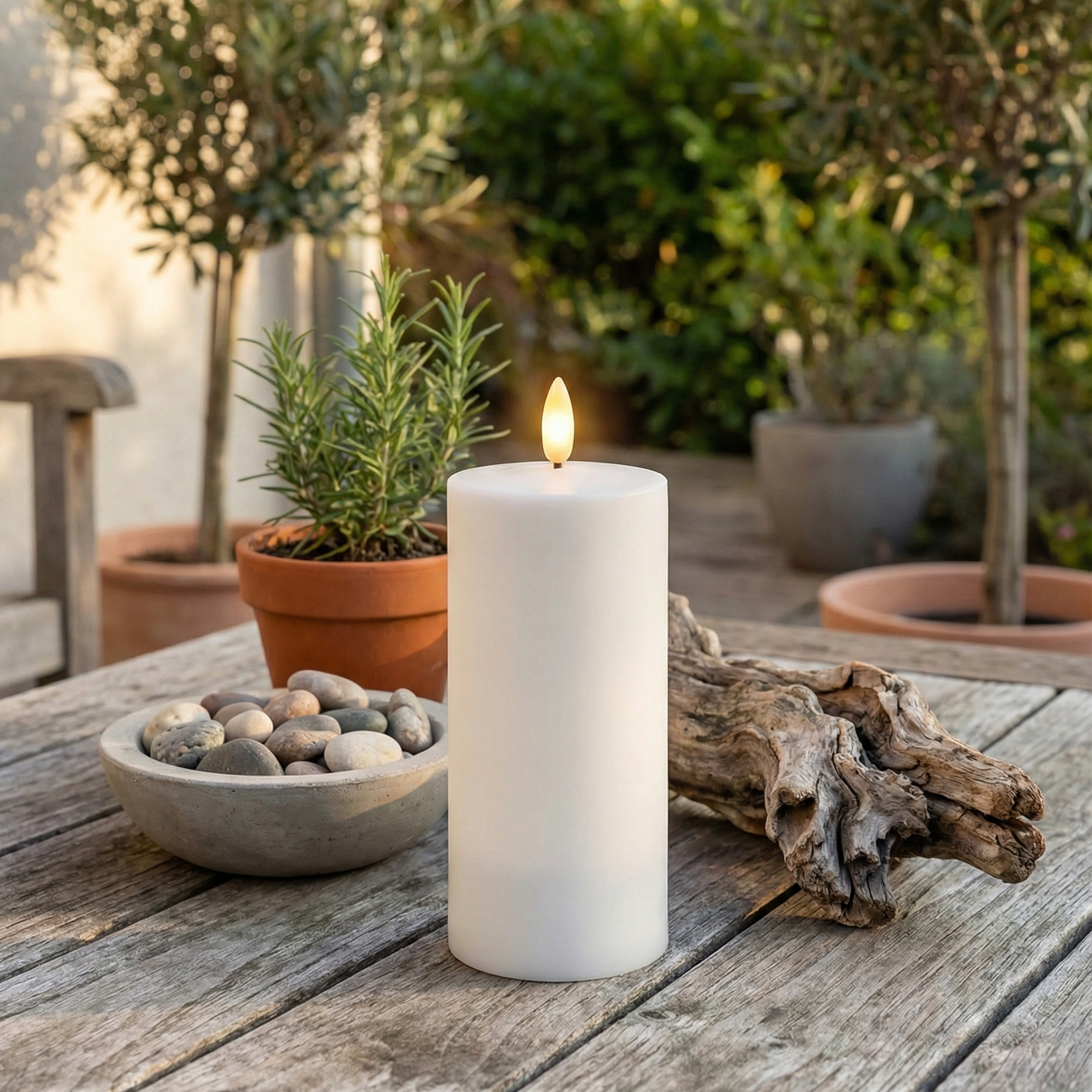 Udendørs solcelle LED bloklys i hvid, naturtro flamme og automatisk opladning – vejrbestandigt lys til have, terrasse eller altan.