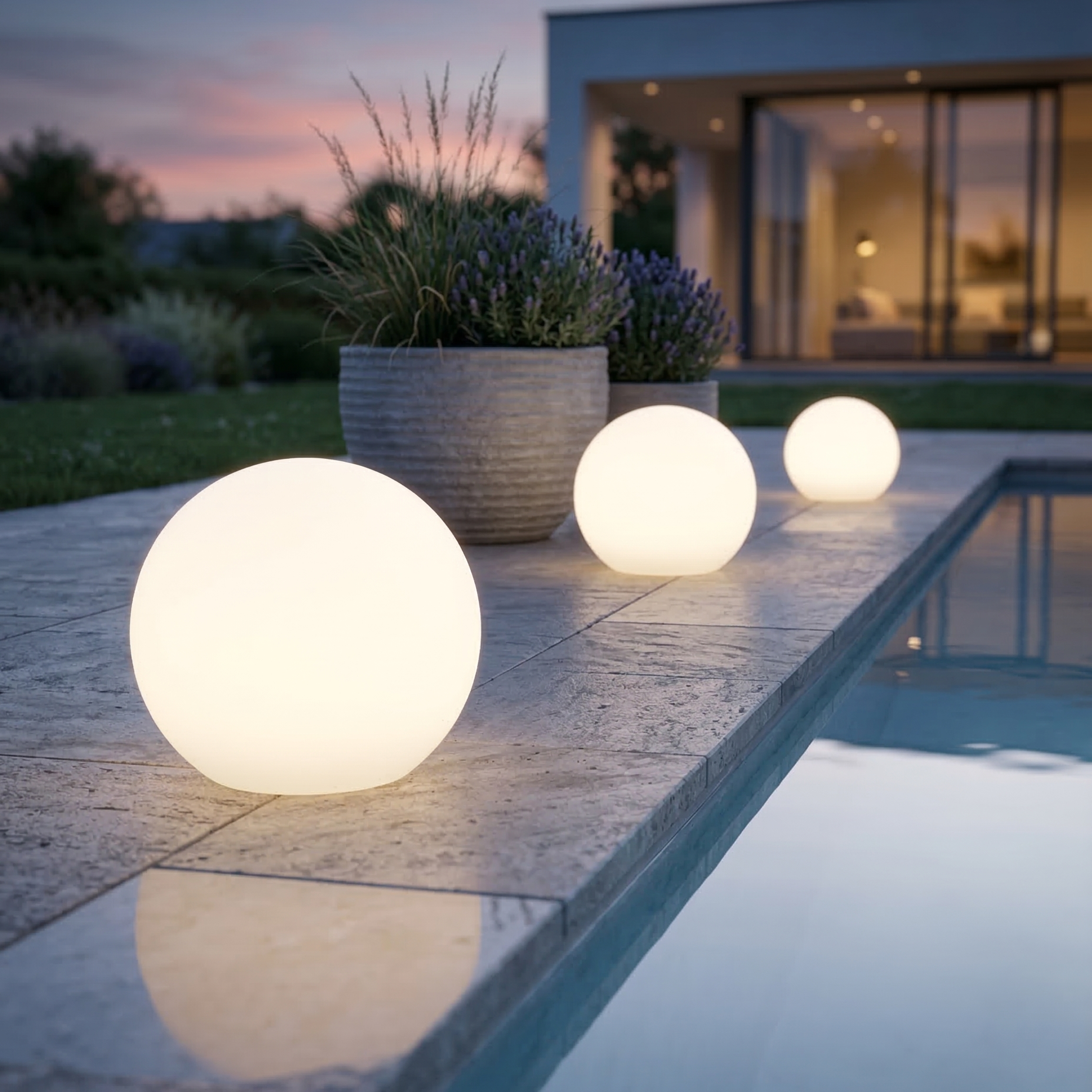 Udendørs solcelle LED lyskugler - hvid - 3 pak - Ø15, Ø20, Ø25 cm