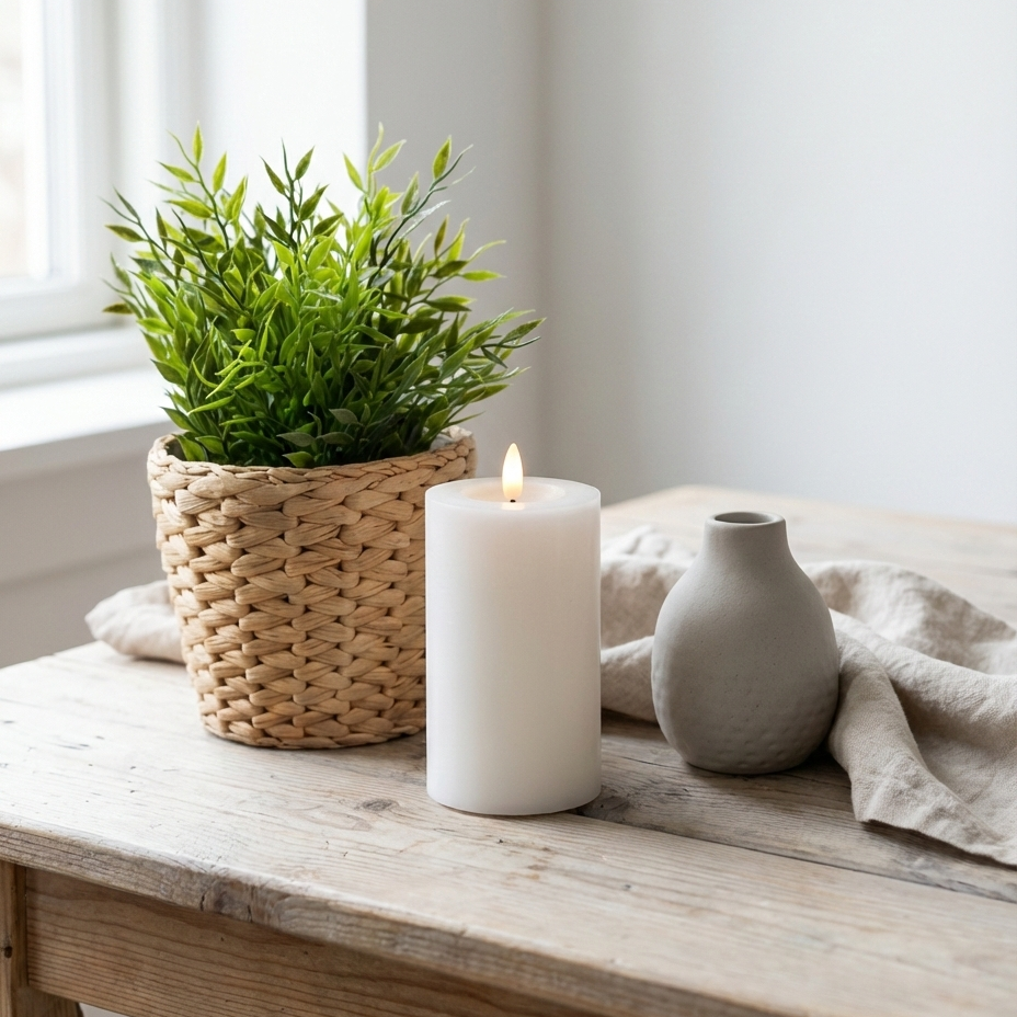 LED indendørs bloklys i hvid voks med realistisk flamme, Ø7,5 cm og højde 12,5 cm