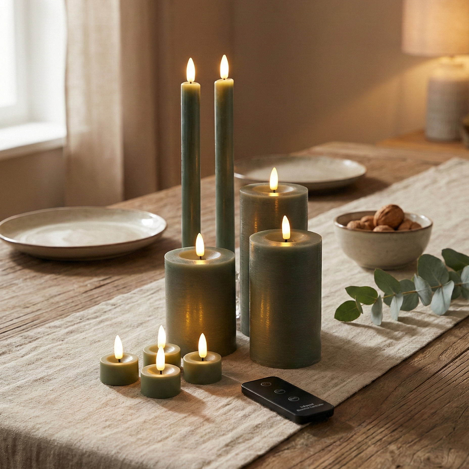 LED lys sæt i grøn farve med 10 dele og naturtro flammeeffekt samt timer og fjernbetjening