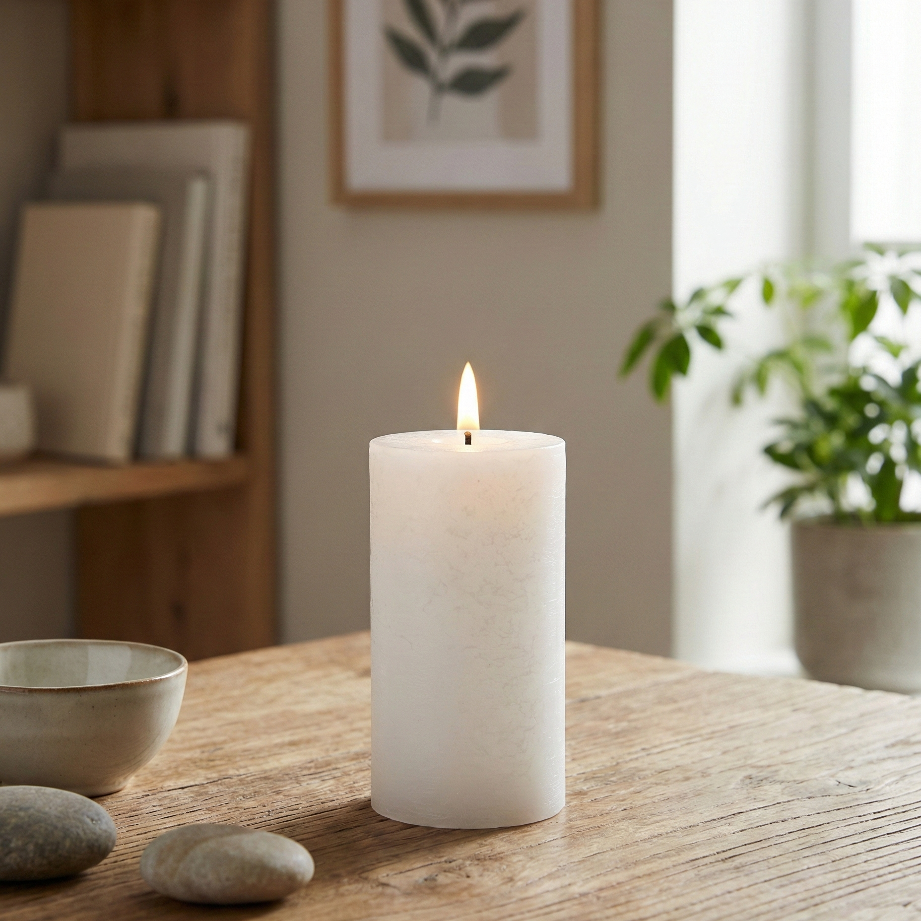 LED Indendørs Bloklys Ø6 x H12,5 cm i hvid voks og plast med realistisk flamme, batteridrevet, sikkert og vedligeholdelsesfrit.