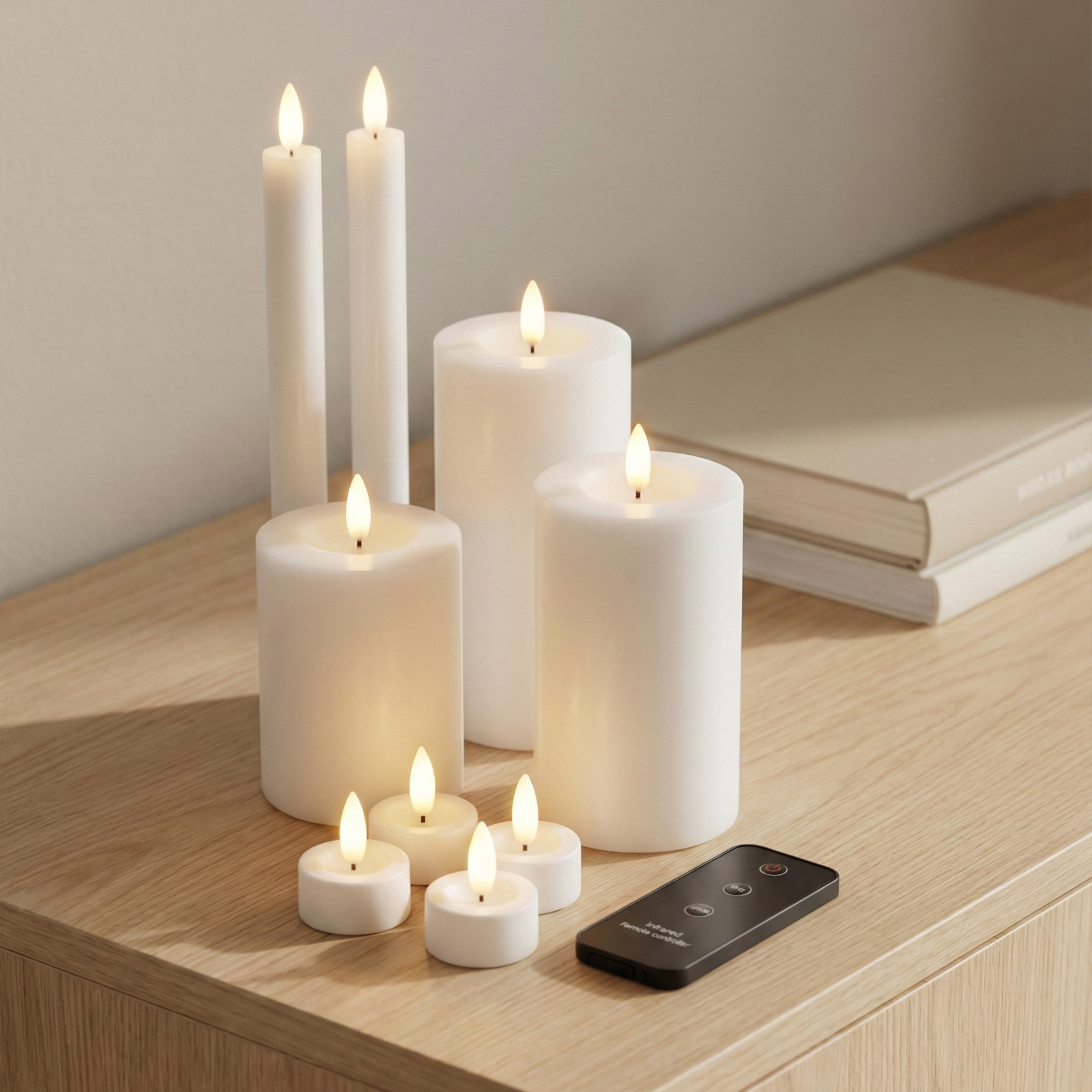 LED lys sæt i hvid farve med 10 dele og naturtro flammeeffekt samt timer og fjernbetjening