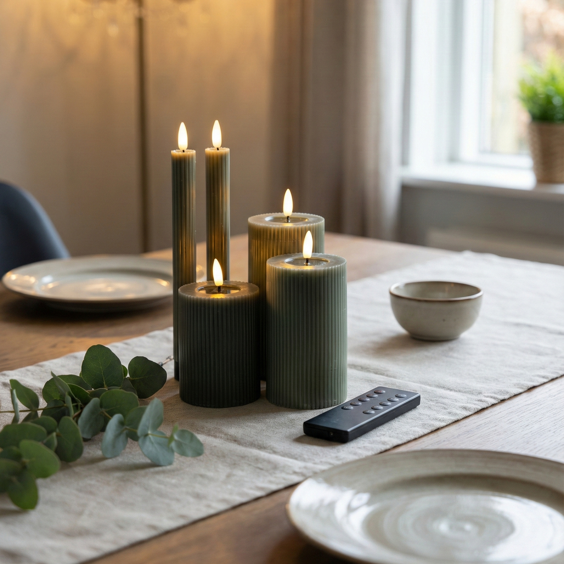 LED lys sæt 6 dele i grøn – 2 stagelys, 3 bloklys og fjernbetjening med realistisk flamme og timerfunktion.