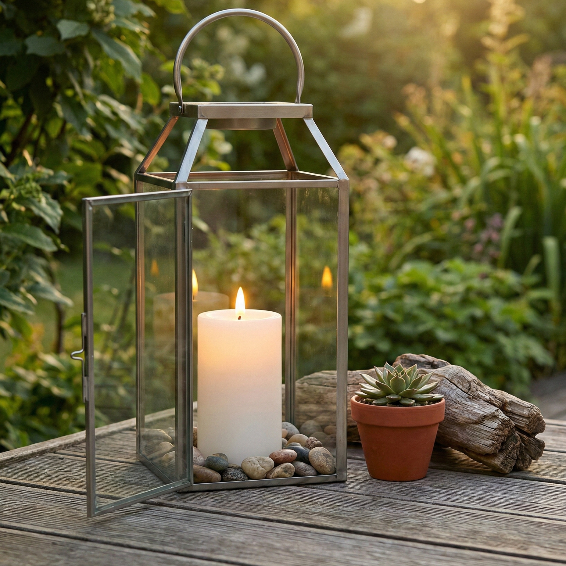 Udendørs solcelle LED bloklys i hvid med naturtro flamme, automatisk opladning og vejrbestandigt design – perfekt til lanterner, altan og have.