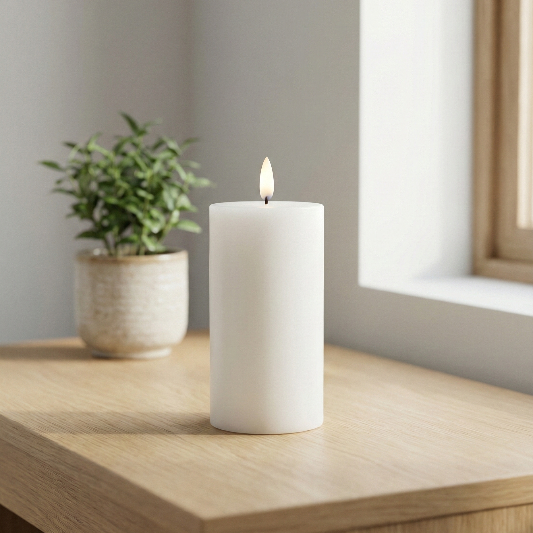 LED indendørs bloklys i hvid voks med realistisk flamme, Ø7,5 cm og højde 15 cm