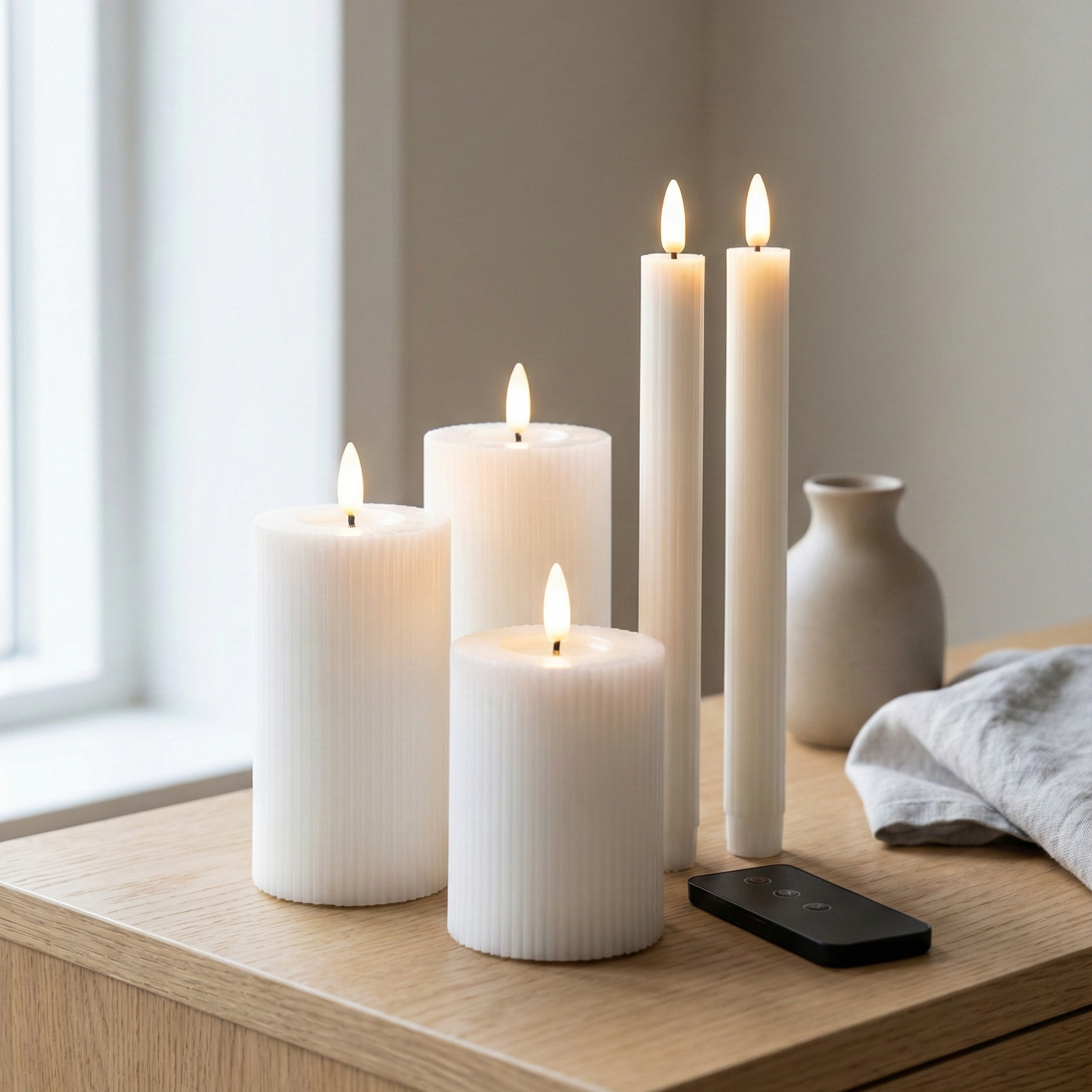 LED lys sæt 6 dele i hvid – 2 stagelys, 3 bloklys og fjernbetjening med realistisk flamme og timerfunktion.