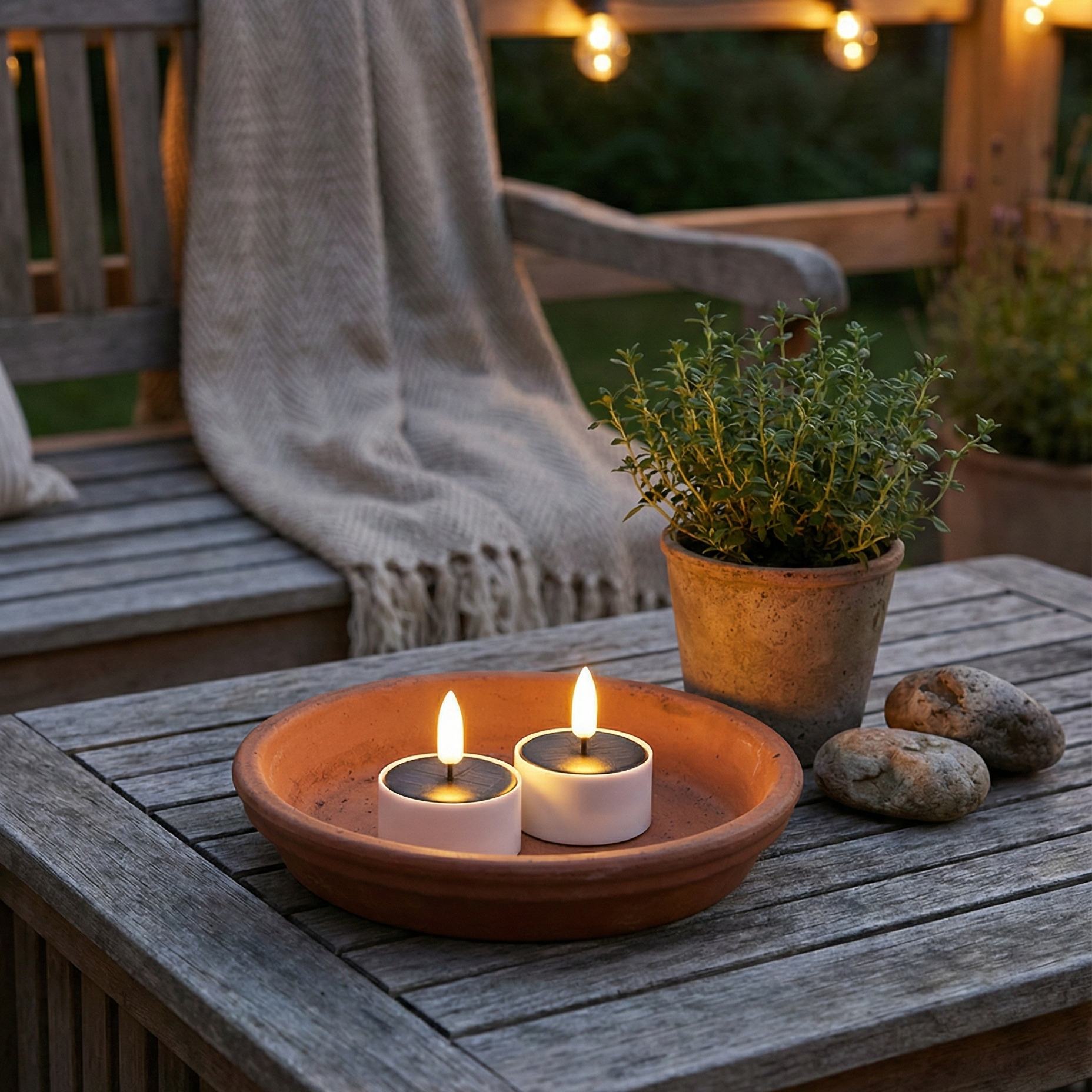 Solcelle LED lampelys 2 stk til udendørs brug med varm, blafrende flamme – oplades automatisk og tænder ved mørke, perfekt til havebord og terrasse.
