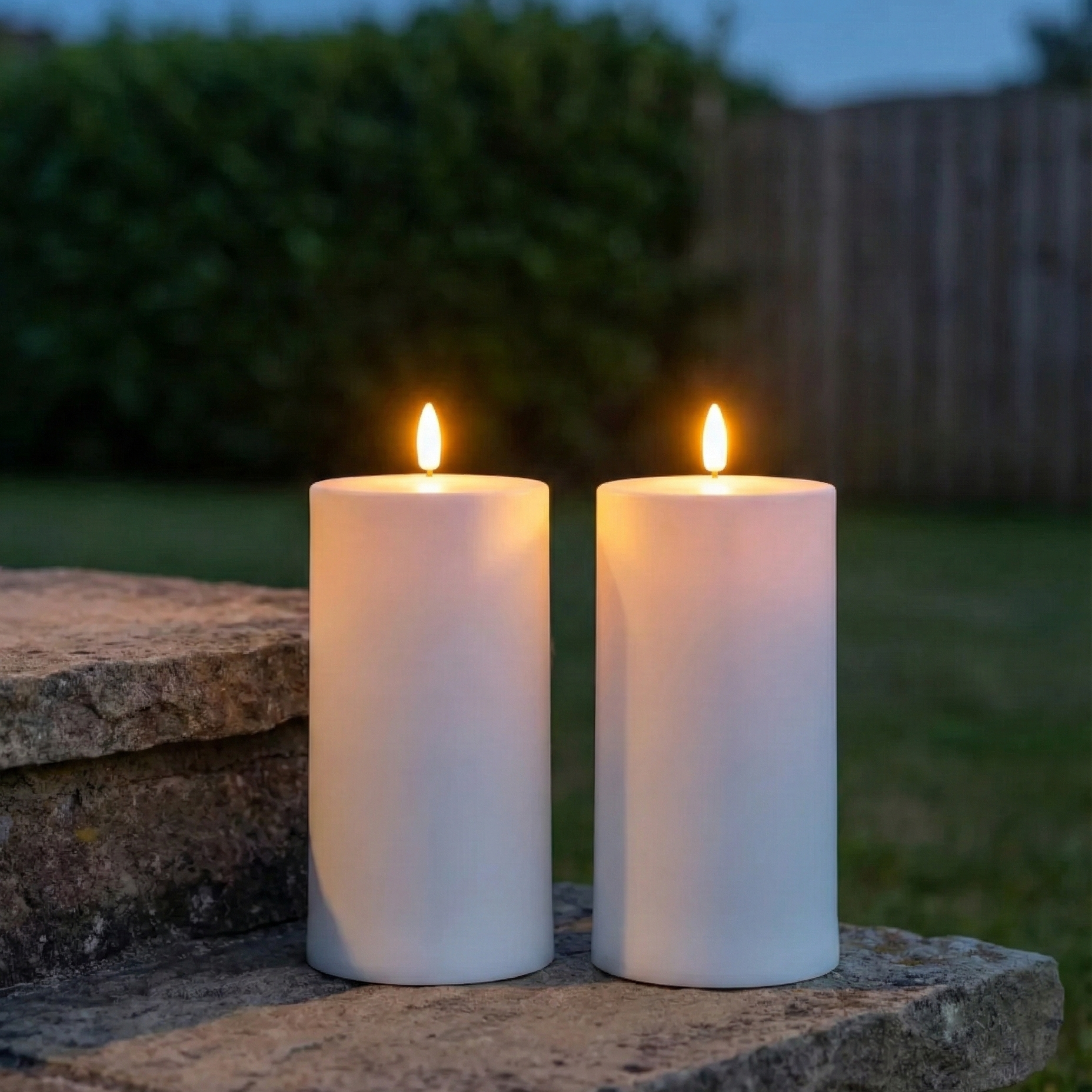 Udendørs LED bloklys 2 stk. i hvid med naturtro flamme – perfekt til havebord, lanterner eller terrasse, uden brandfare.