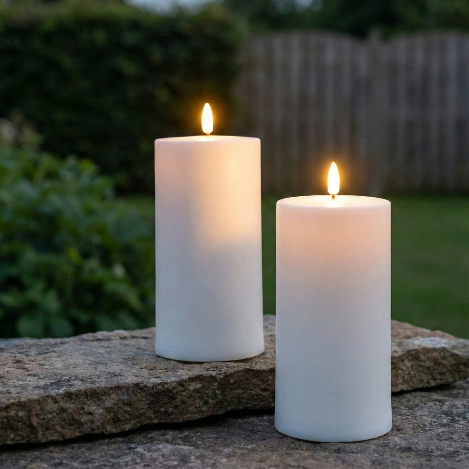 Udendørs LED bloklys 2 stk. i hvid med naturtro flamme – perfekt til havebord, lanterner eller terrasse, uden brandfare.shop_this_look_EcLGgQ