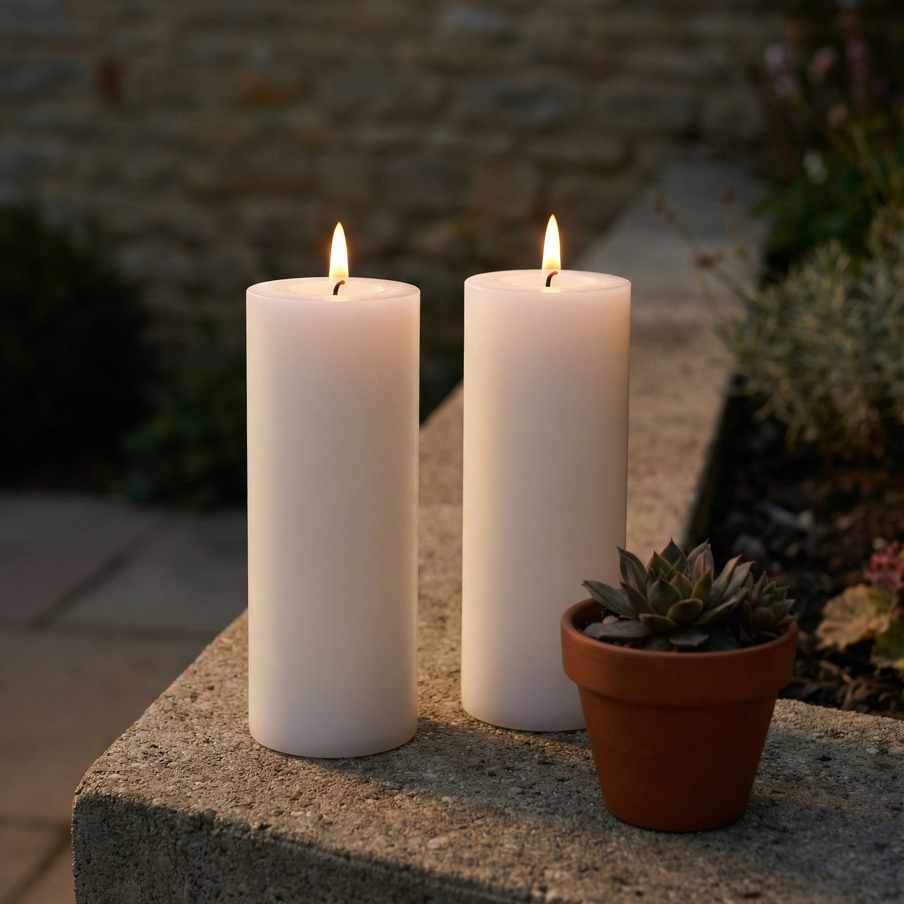 Udendørs LED bloklys 2 pak med naturtro flamme – vejrbestandige og perfekte til terrasse, altan eller have.
