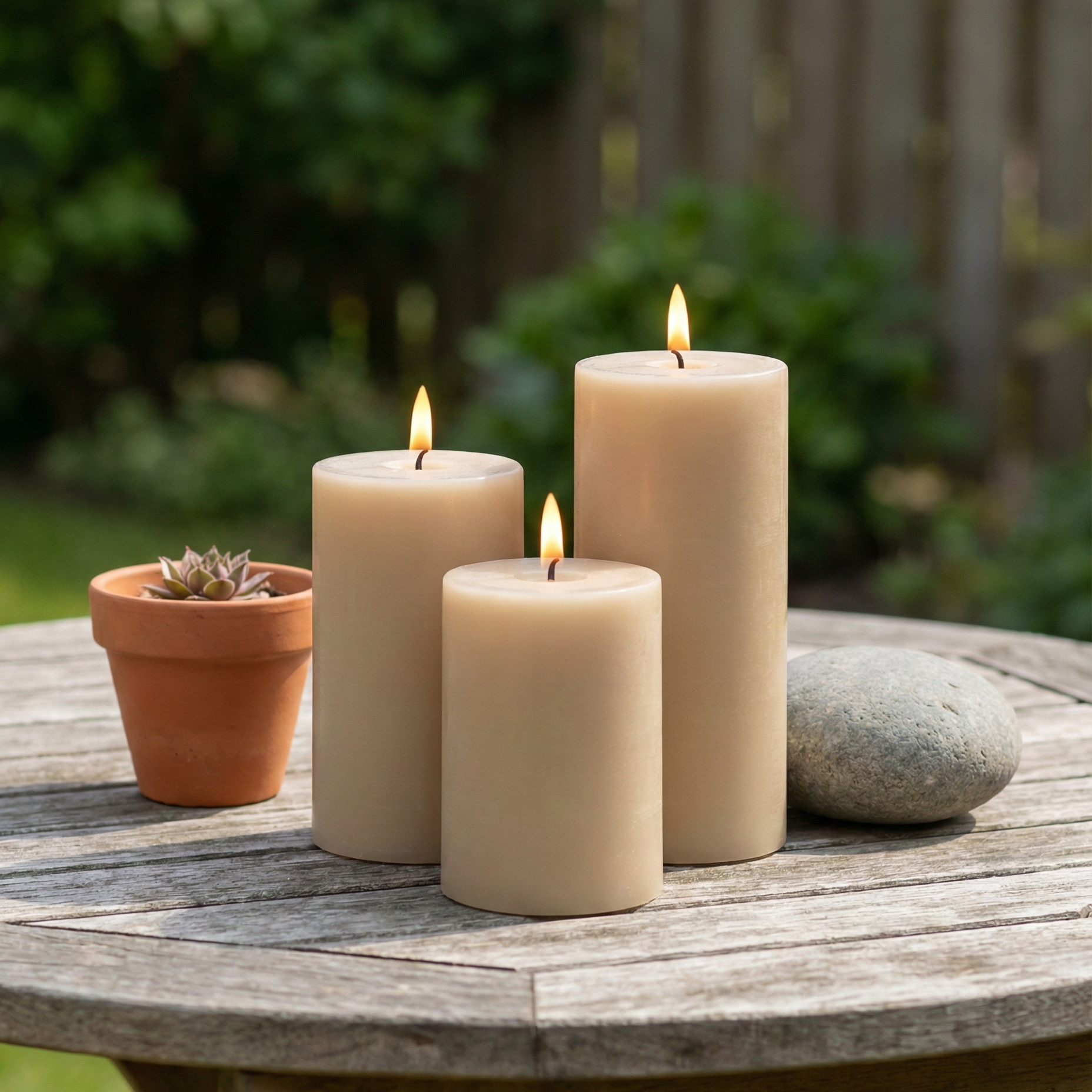 Udendørs LED bloklys Ø7 cm i hvid med naturtro flammer, fjernbetjening og timerfunktion – perfekt til terrasse, altan og have.