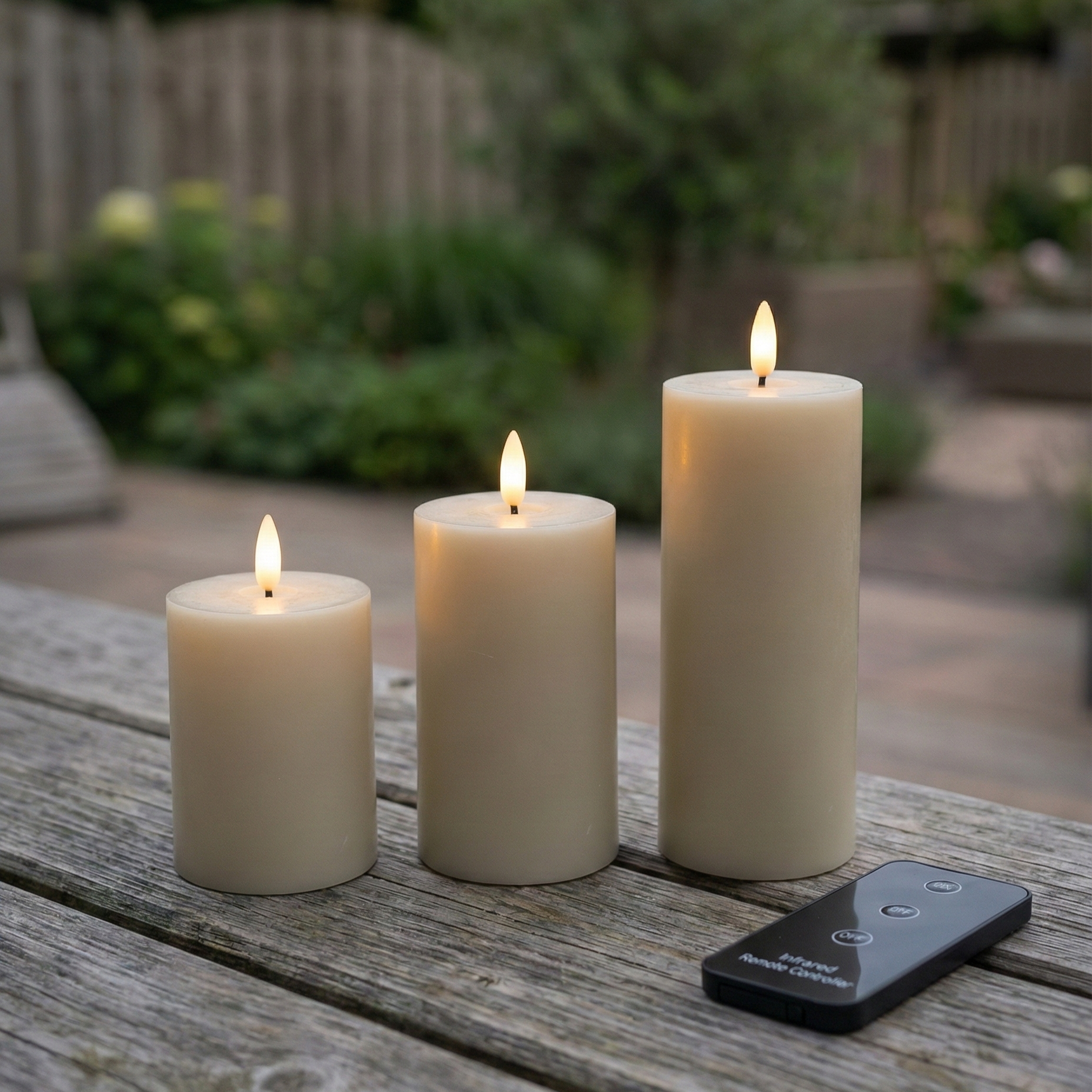 Udendørs LED bloklys Ø5,2 cm i hvid med naturtro flamme, fjernbetjening og timerfunktion – perfekt til terrasse, altan og have.