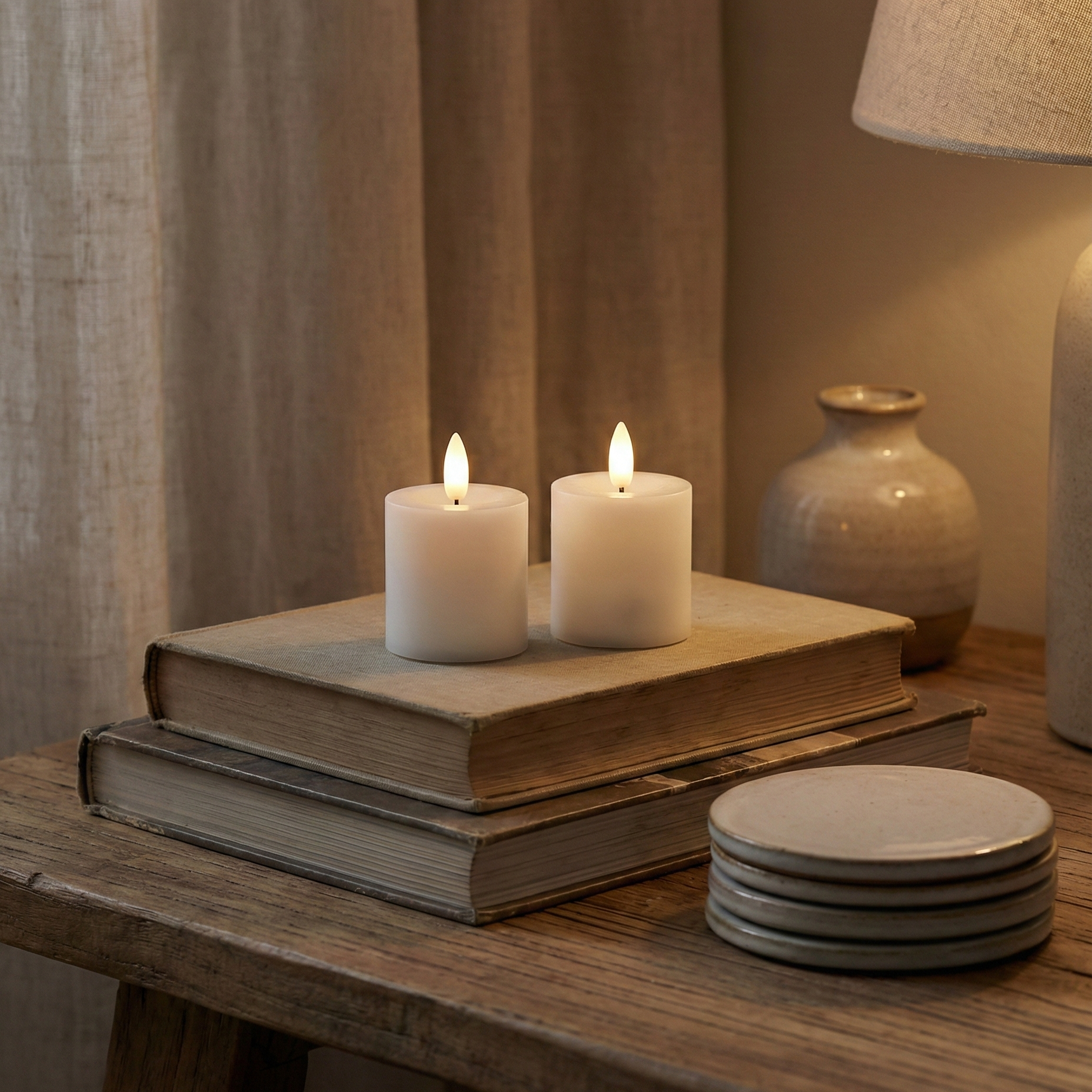 Mini LED bloklys 2 pak i hvid med naturtro flamme og timerfunktion – perfekt til lanterner og borddekoration.