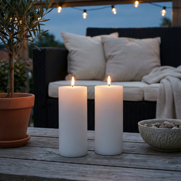 Udendørs LED bloklys 2 pak med naturtro flamme – vejrbestandige og perfekte til terrasse, altan eller have.
