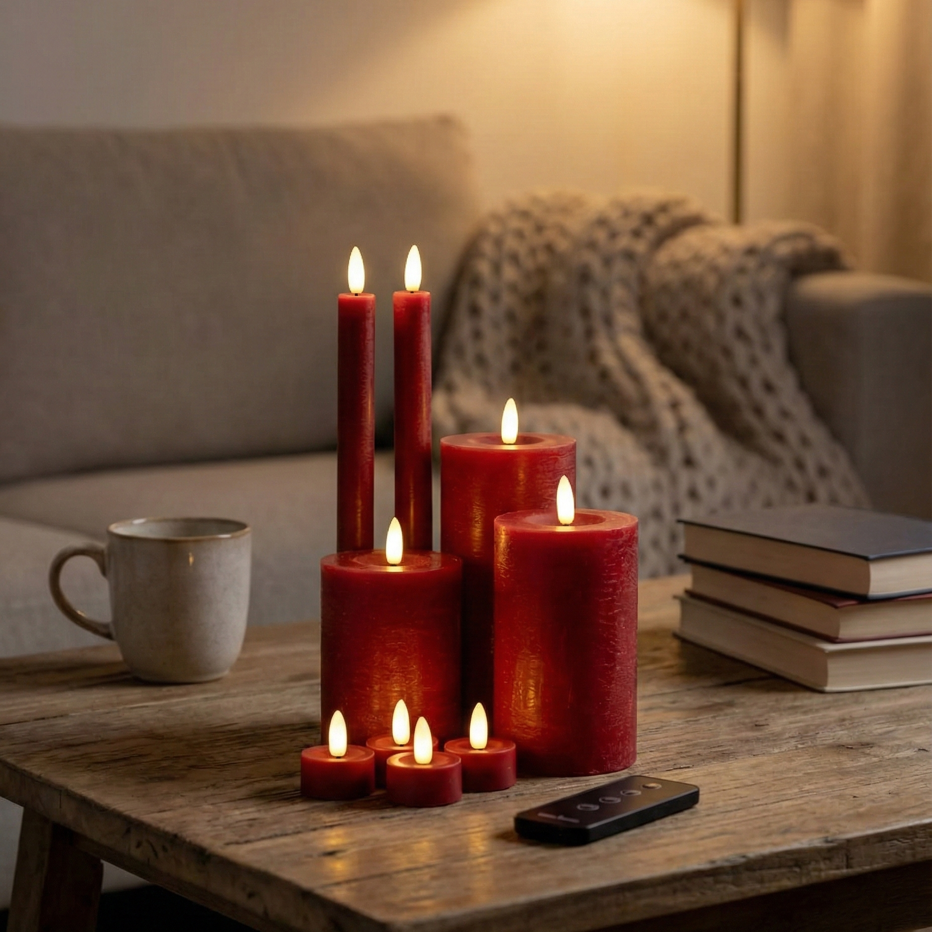 LED lys sæt i rød farve med 10 dele og naturtro flammeeffekt samt timer og fjernbetjening